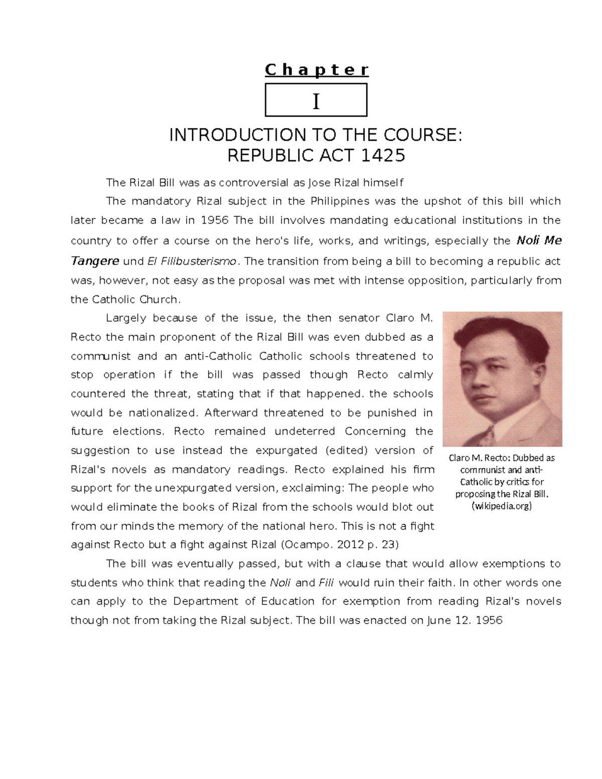 Chapter 1 Introduction to the Course Republic Act 1425 1 - Claro M ...