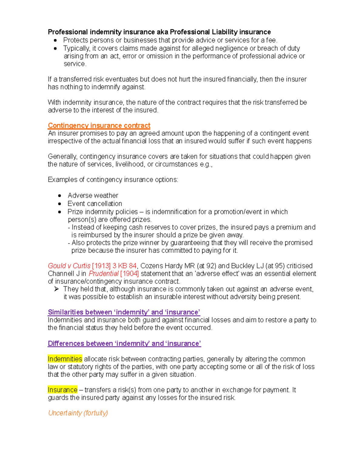 Part 5 week 1 Insurance Law reading - Professional indemnity insurance ...