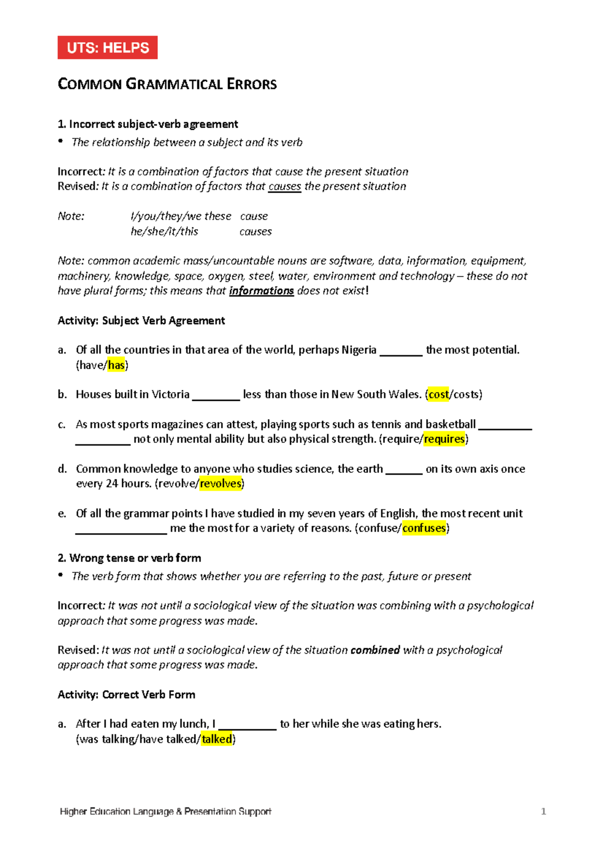 Grammar 4 Review Handout - Exercises With Answer Key - COMMON ...