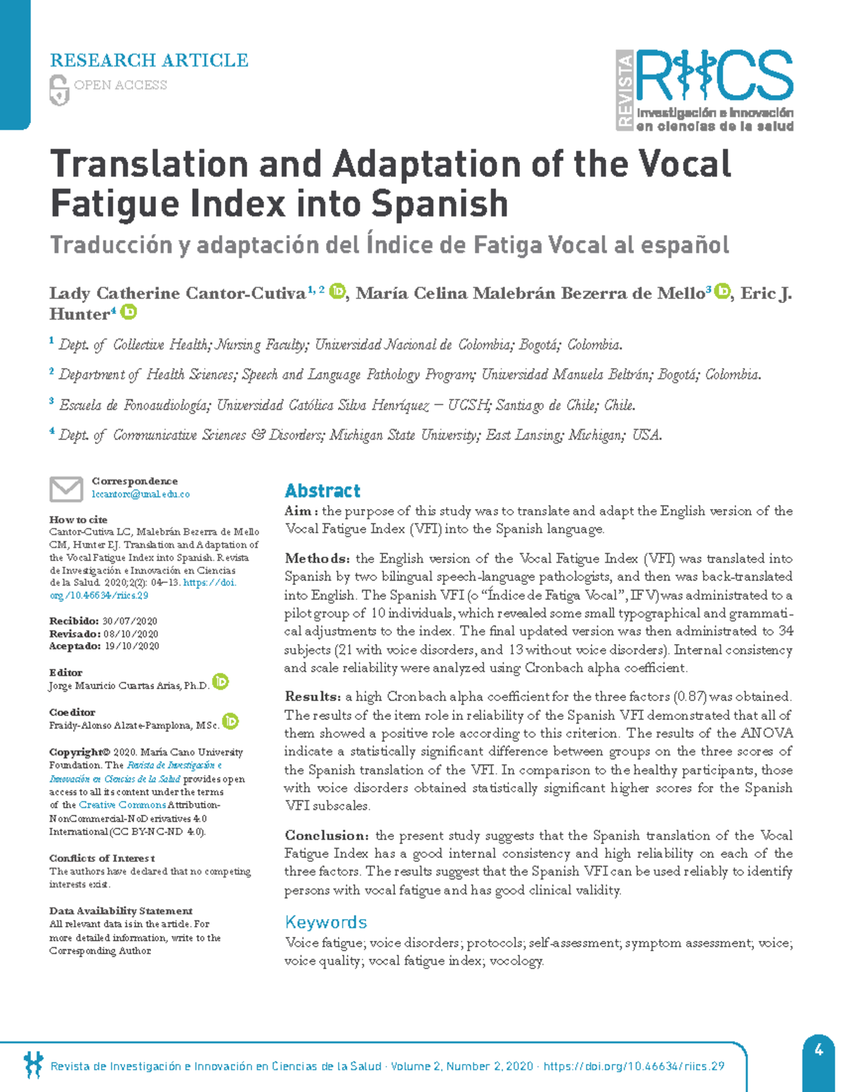 2020) Translation and Adaptation of the Vocal Fatigue Index into