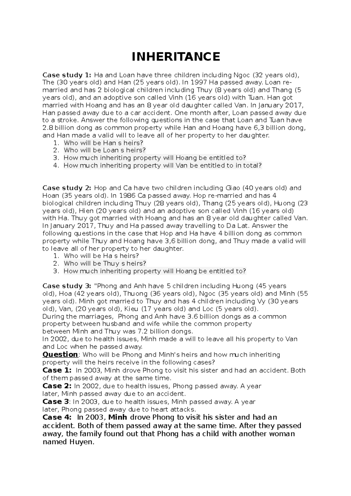 Legal-practise - Legal-practise - INHERITANCE Case study 1: Ha and Loan ...