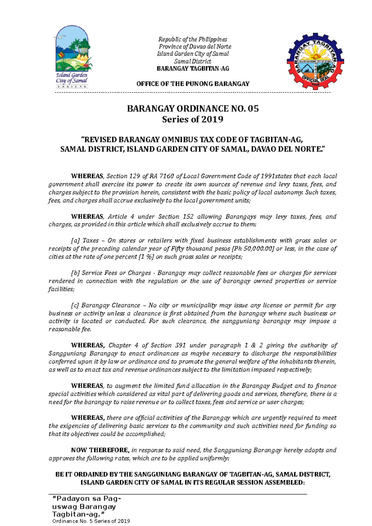 5 Revision OF TAX Ordinance Republic Of The Philippines Province Of 