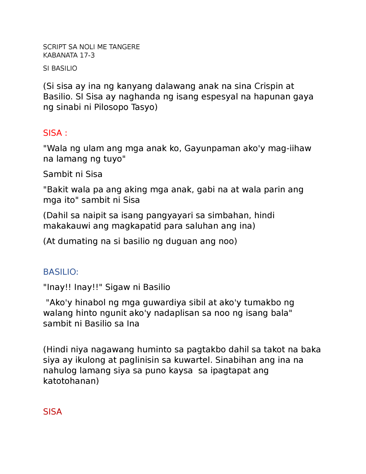 Script Sa Noli Me Tangere Script Sa Noli Me Tangere Kabanata Si Basilio Si Sisa Ay Ina Ng