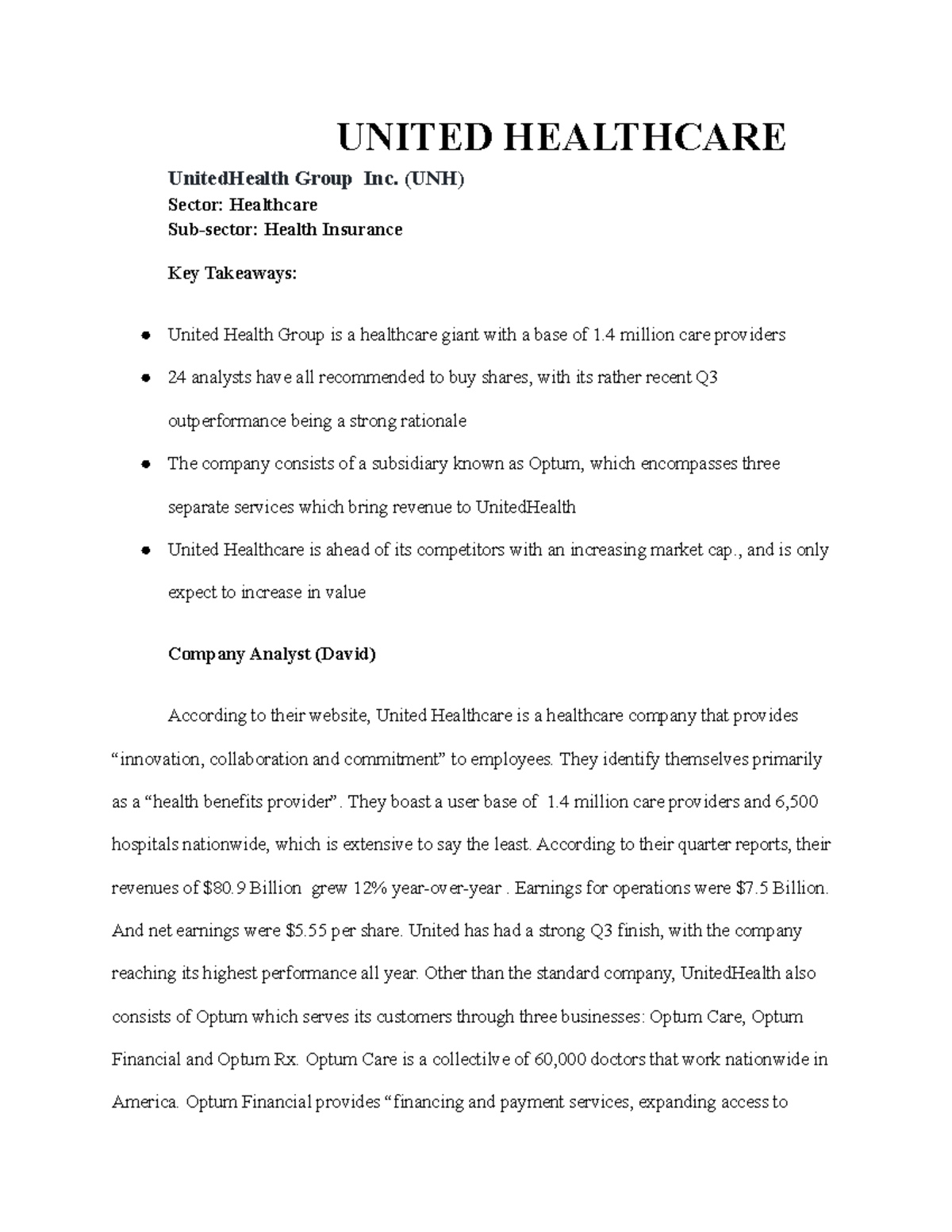 United Healthcare - Report - UNITED HEALTHCARE UnitedHealth Group Inc ...