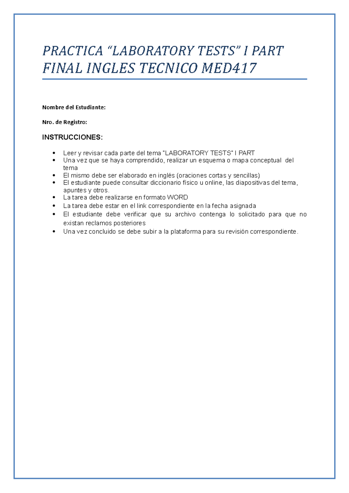 Practica Final Laboratory Tests I PART 2021-2 - PRACTICA “LABORATORY ...