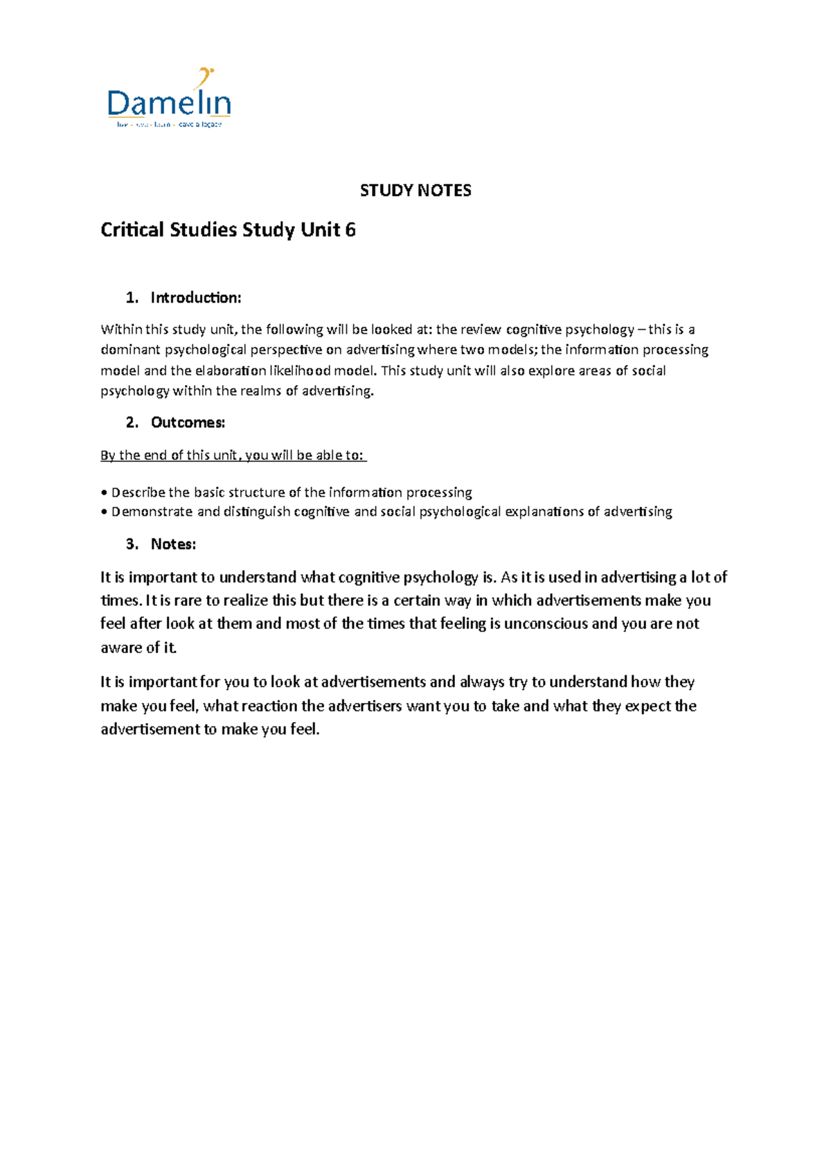 Basic structure of the information processing - STUDY NOTES Critical ...