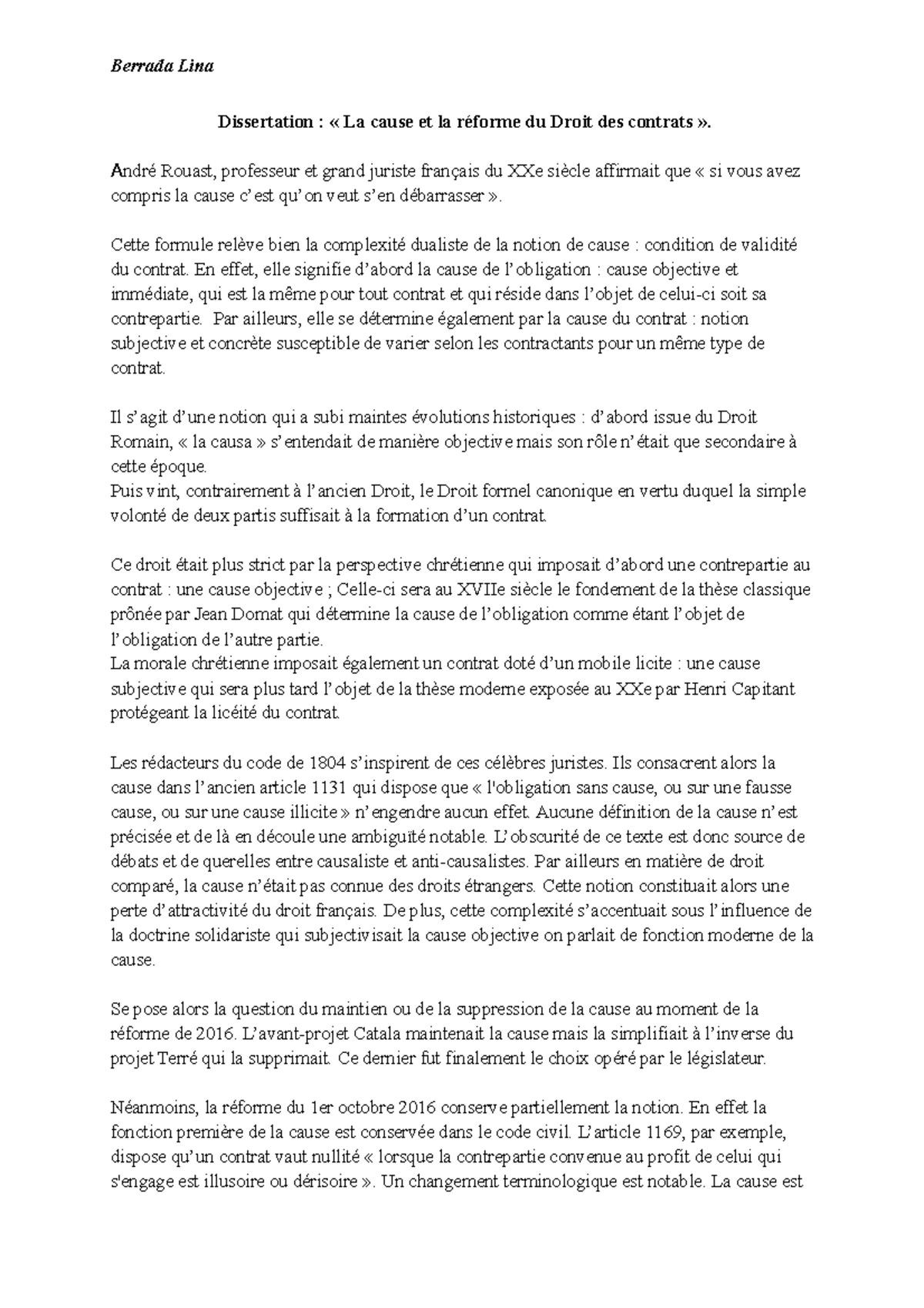 La Cause Et La Réforme Du Droit Des Contrats Dissertation