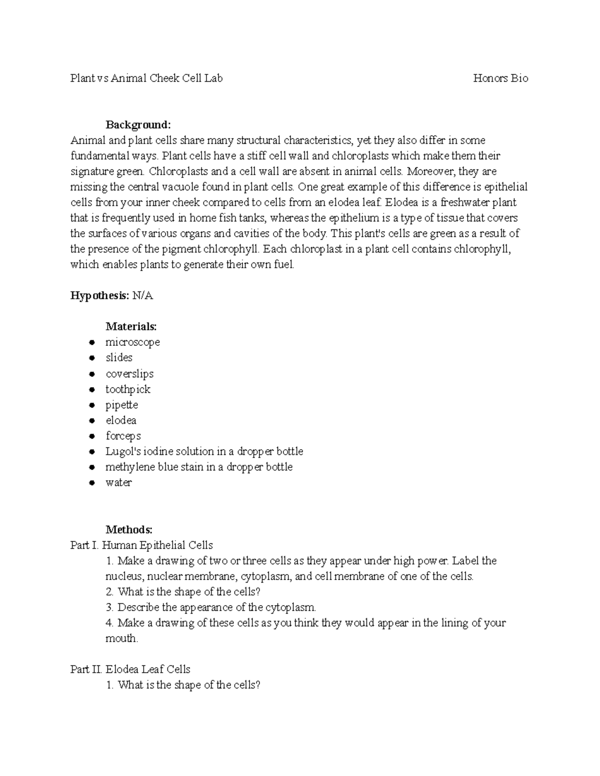 Plant vs Animal Cheek Cell Lab write up - Plant vs Animal Cheek Cell ...