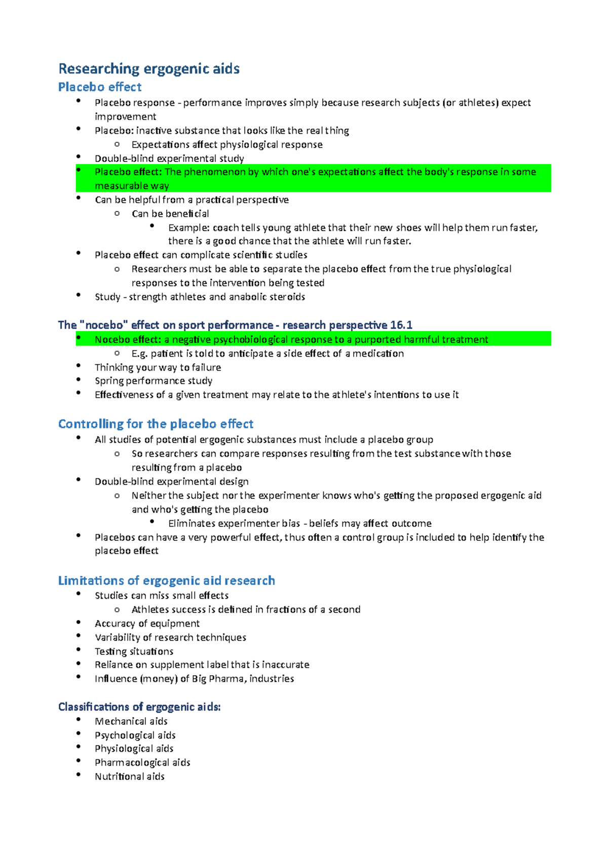 Ergogenic aids in sport Chapter 16 notes Researching ergogenic aids