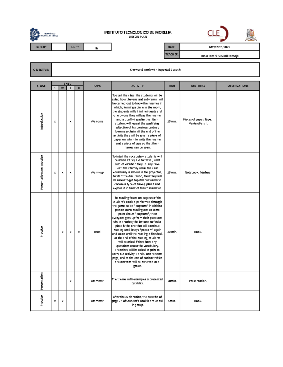 Teens - IN Blank (2) - INSTITUTO TECNOLOGICO DE MORELIA LESSON PLAN ...