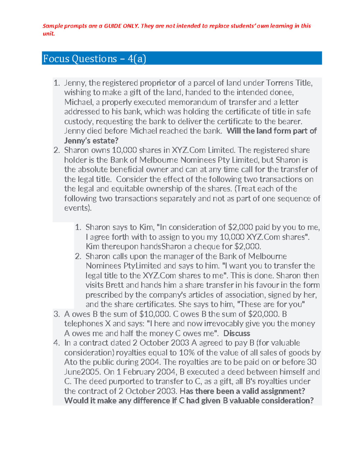 Focus Questions - Week 2 - unit. Focus Questions – 4(a) 1. Jenny, the ...