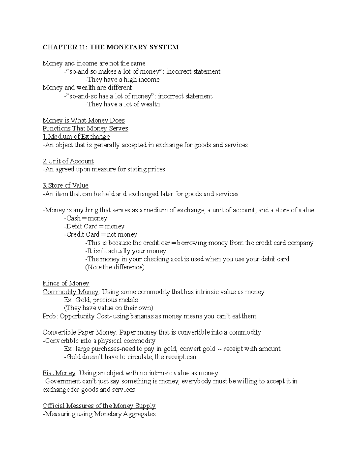 ECON 203 Chapter 11 Notes - CHAPTER 11: THE MONETARY SYSTEM Money and ...
