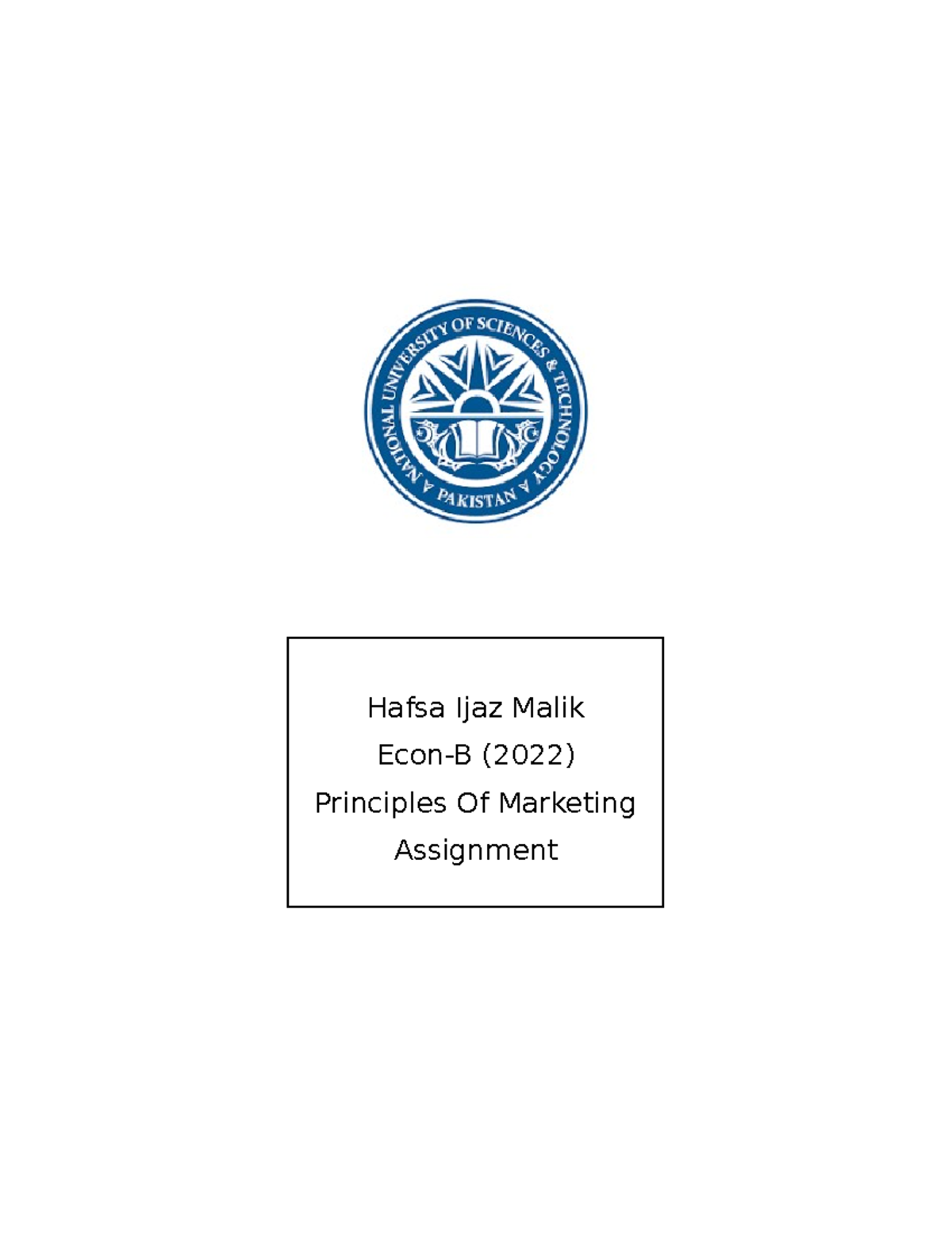 Marketing Assignment - Hafsa Ijaz Malik Econ-B (2022) Principles Of ...