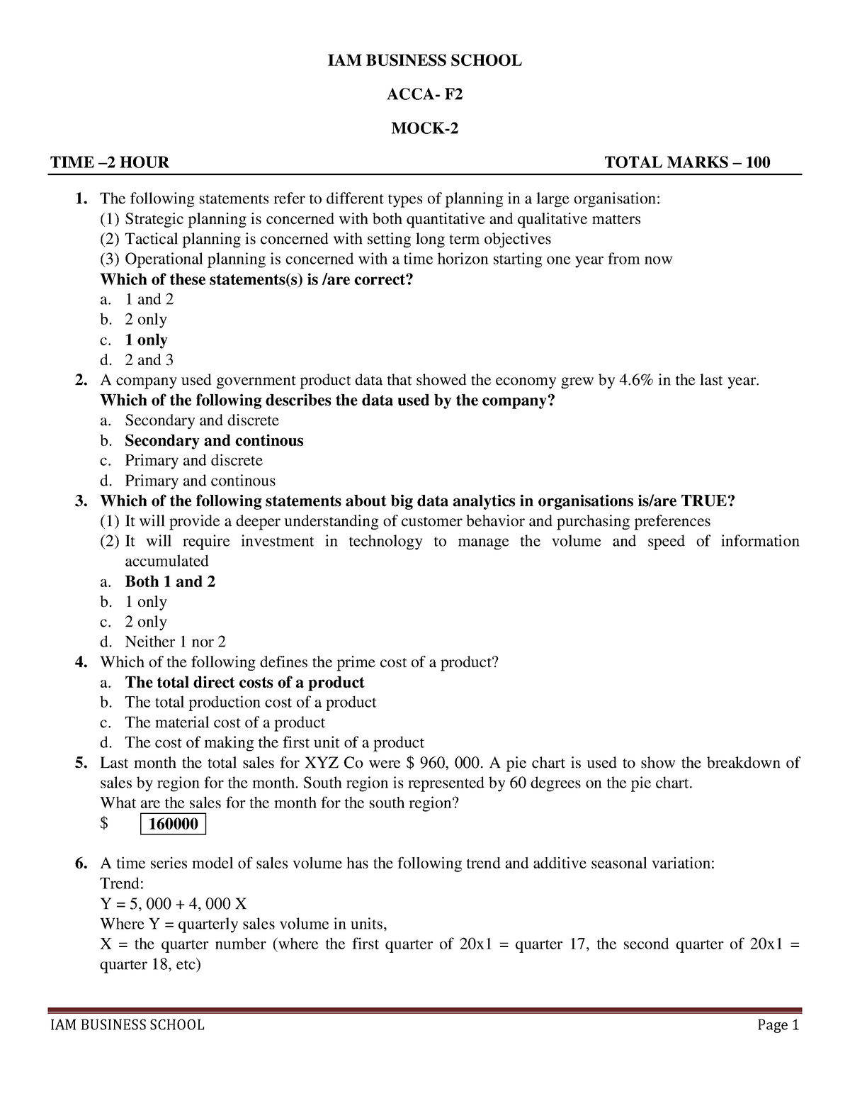 ACCA F2- MOCK-2- Fathah - IAM BUSINESS SCHOOL ACCA- F MOCK- TIME –2 ...