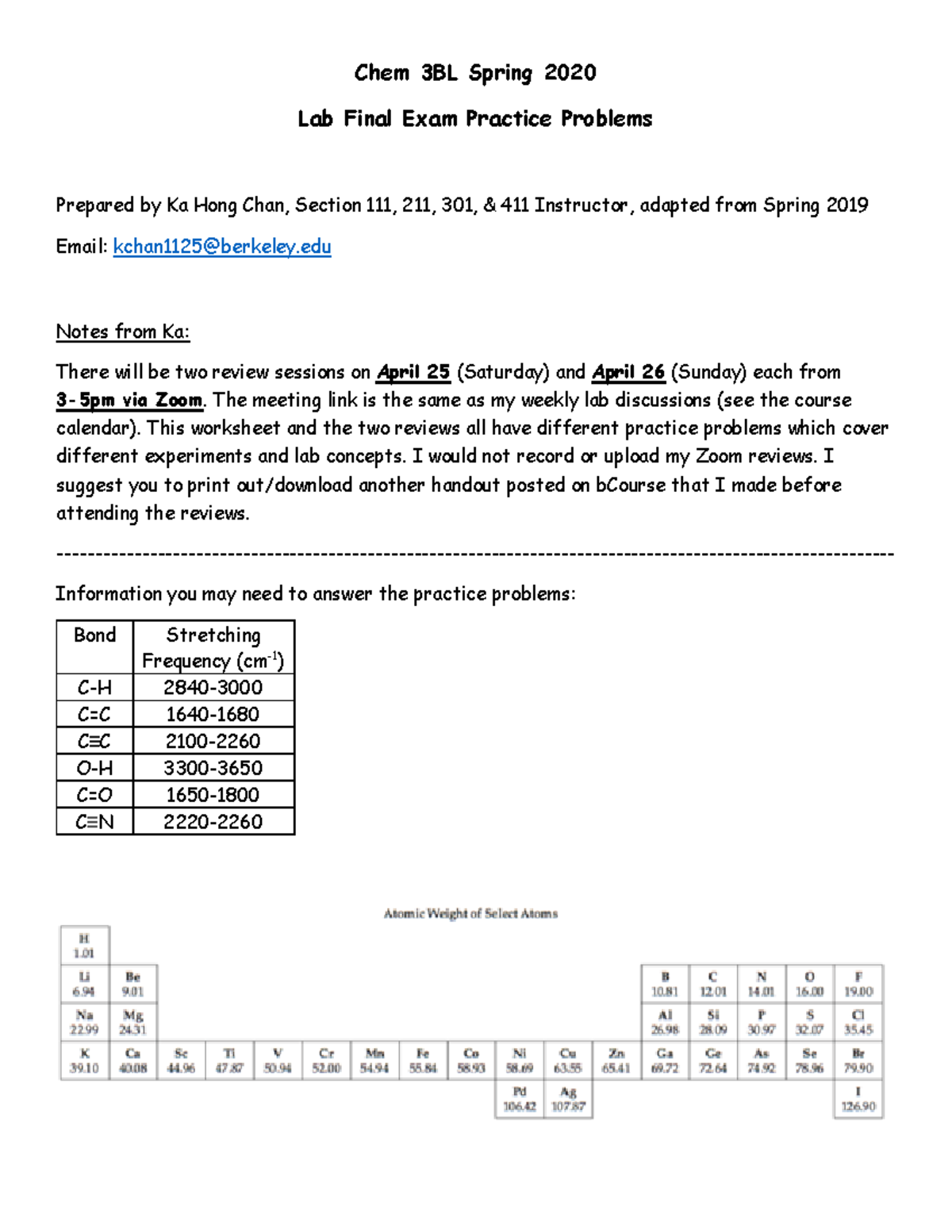 Chem3BLSp20Lab Final Practice Problems Blank - Chem 3BL Spring 2020 Lab ...