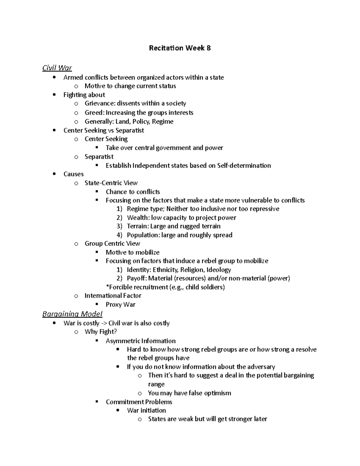 Recitation Week 8 - Notes - Recitation Week 8 Civil War Armed conflicts ...