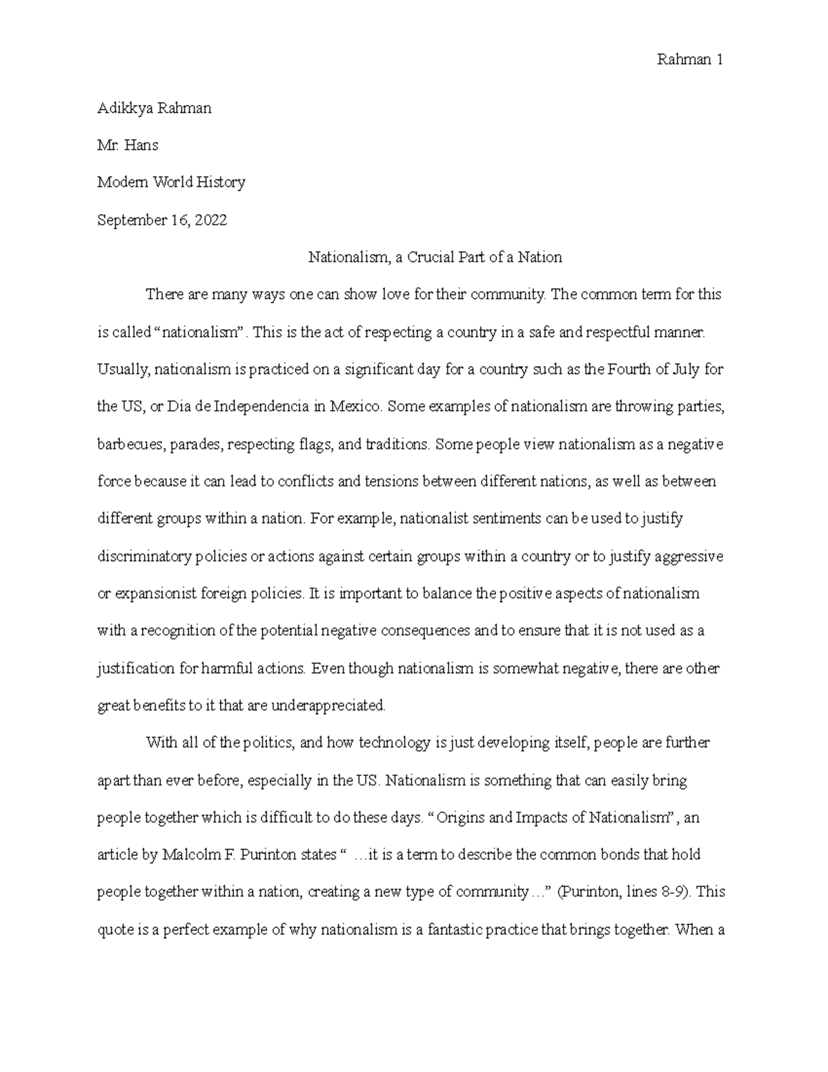 Essay Final Draft - Nationalism/Jingoisum - Adikkya Rahman Mr. Hans ...