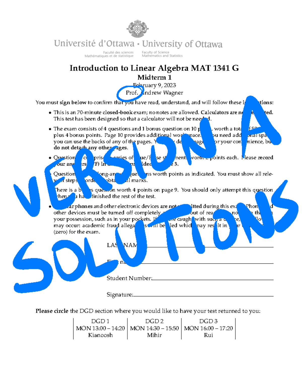 MAT1341 G Midterm 1A Solutions - Introduction To Linear Algebra MAT ...