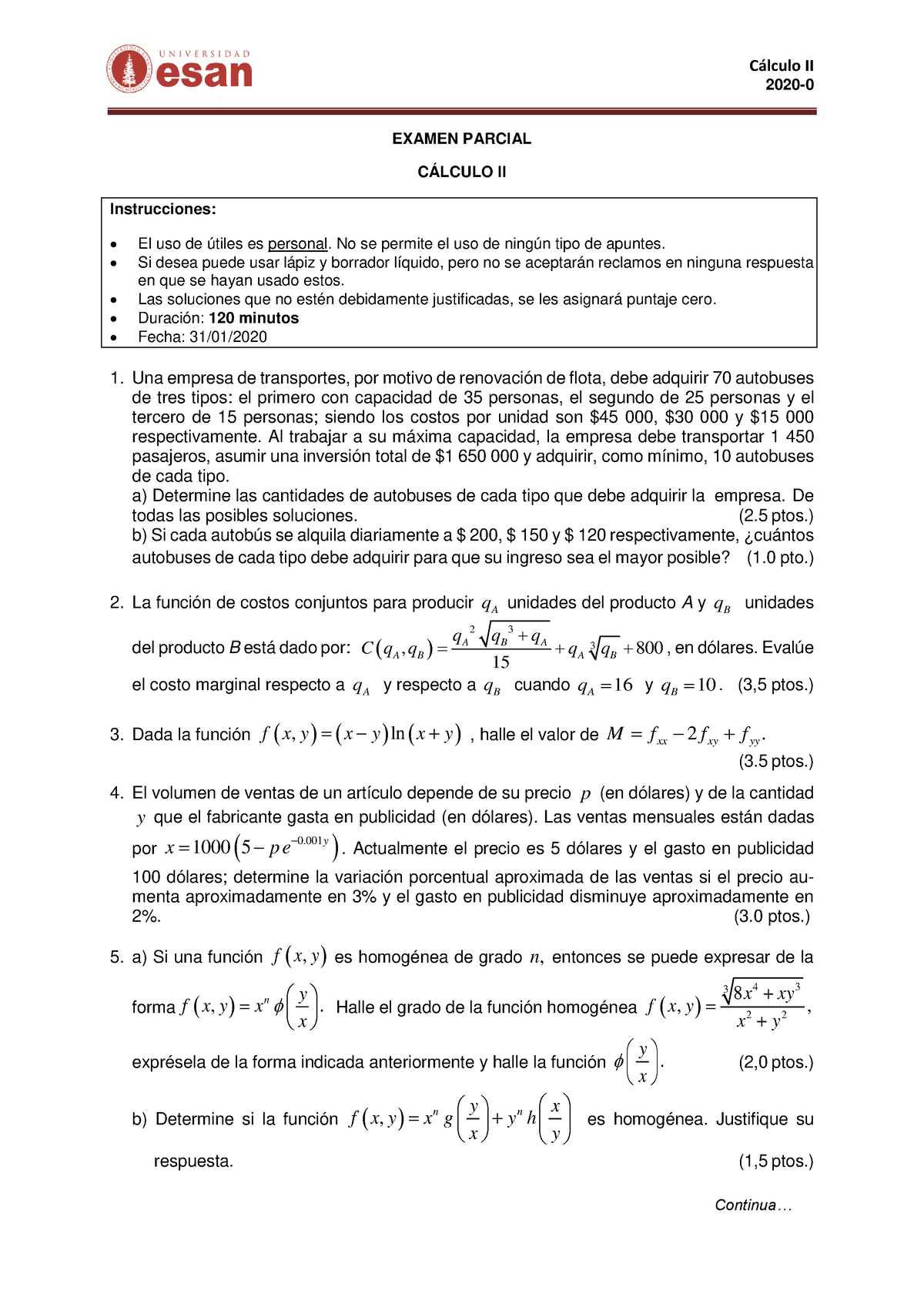 EP Calculo 2 2020 - Examen Parcial - C·lculo II 2020- EXAMEN PARCIAL ...