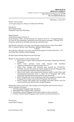 Contoh Jawaban Surat Gugatan Wanprestasi Contoh Surat Gugatan | My XXX