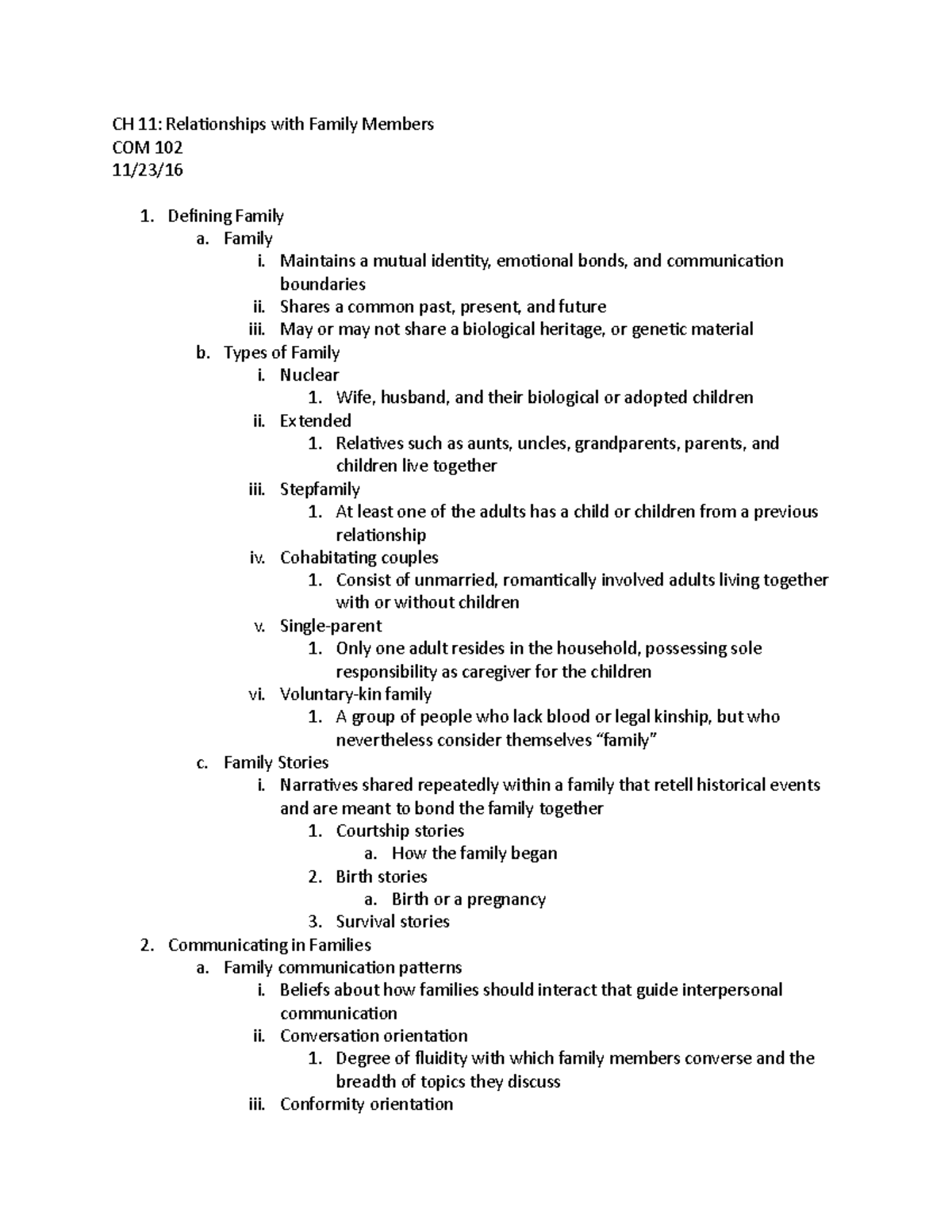 CH 11 - Relationships with Family Members - Defining Family a. Family i ...