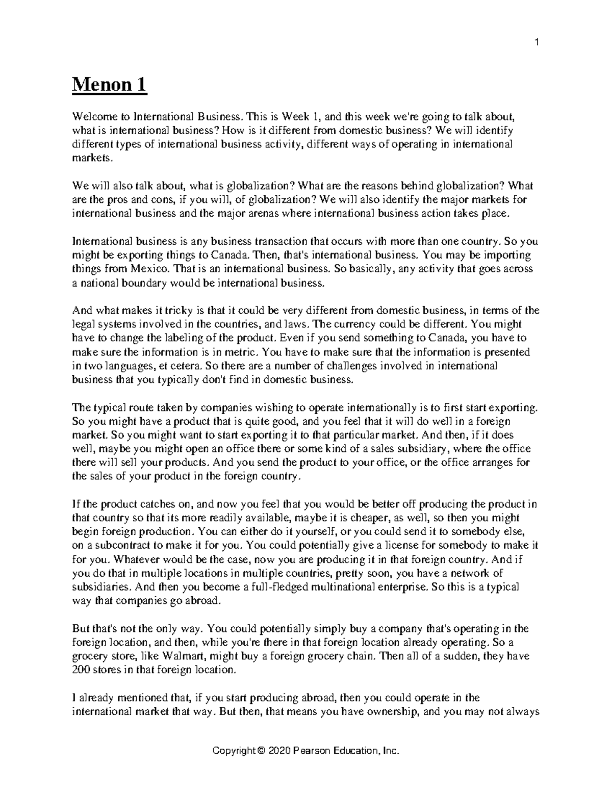 Week 1 All notes combined - 1 Menon 1 Welcome to International Business ...