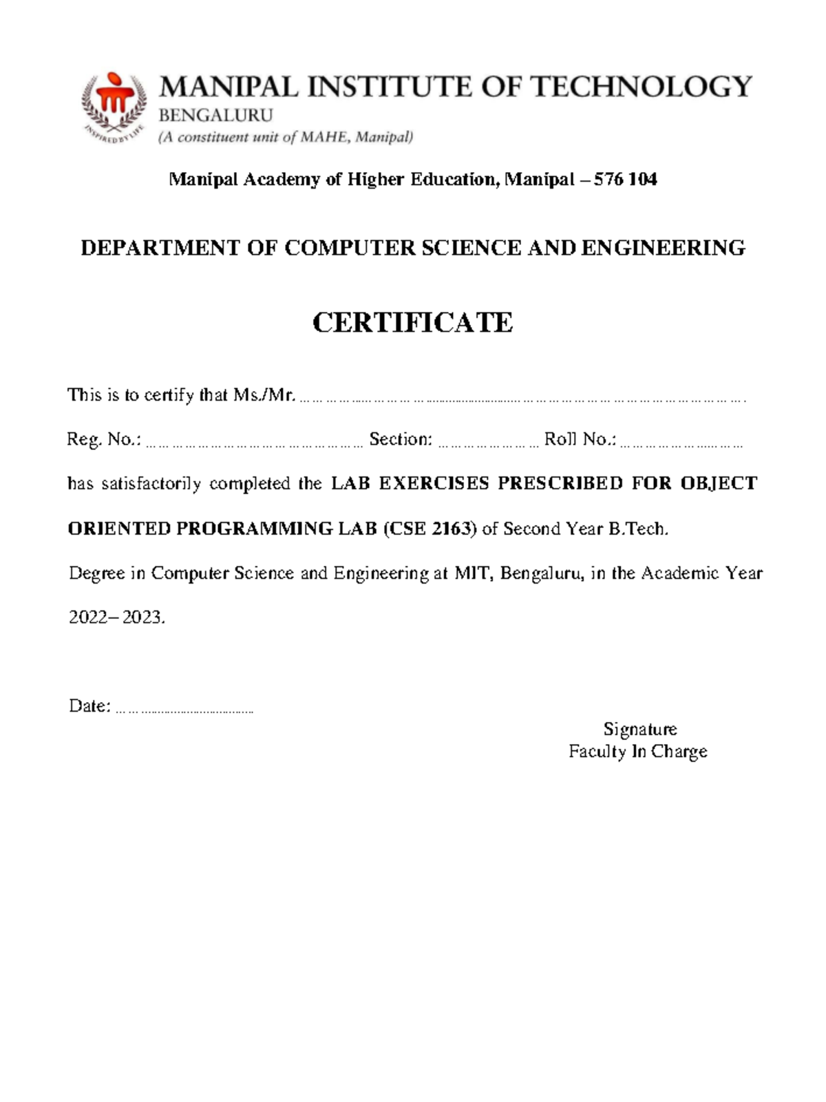 OOP LAB Manual (CSE2163) 2022-2023 - Manipal Academy of Higher