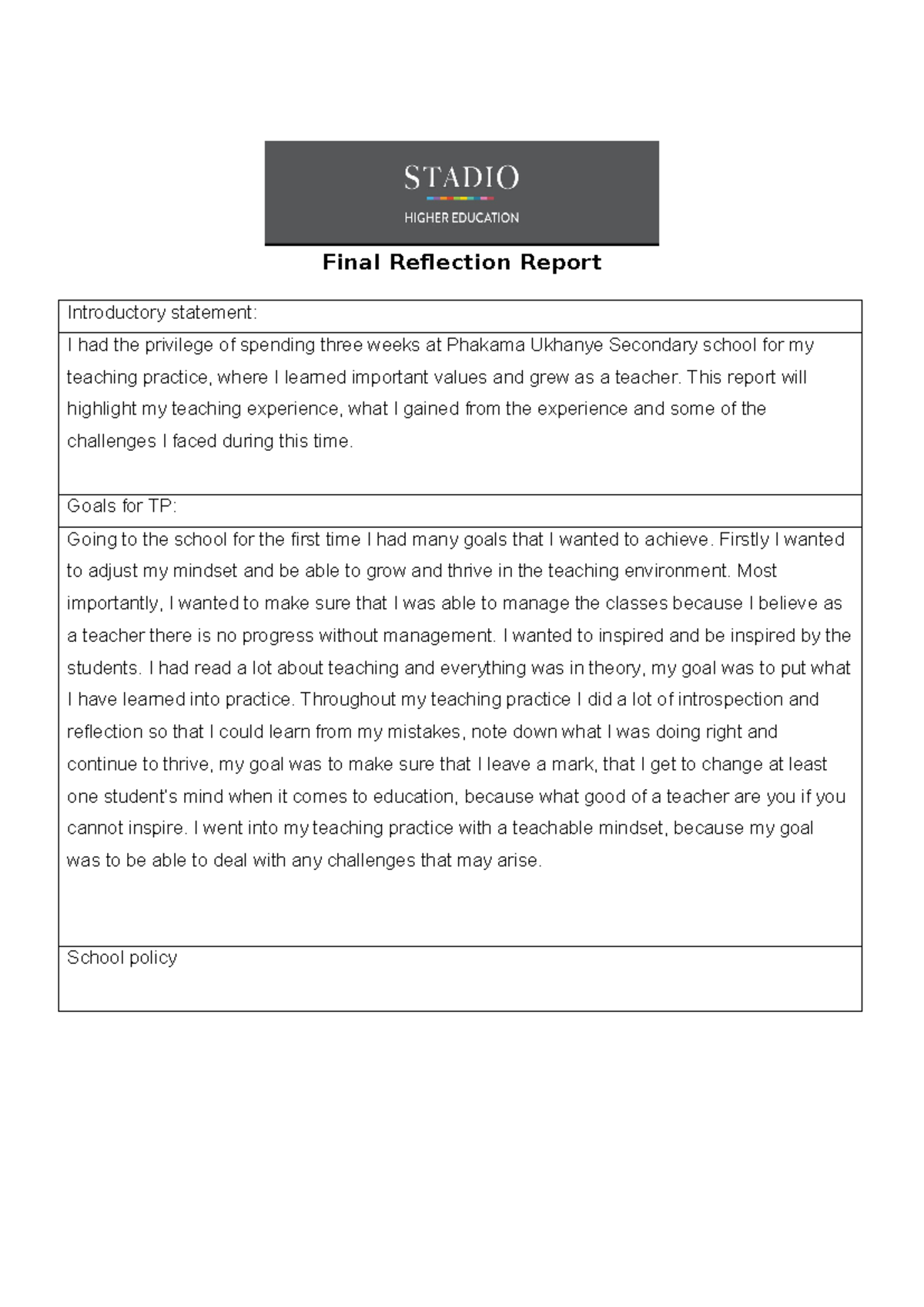 Final reflection essay - Final Reflection Report Introductory statement ...