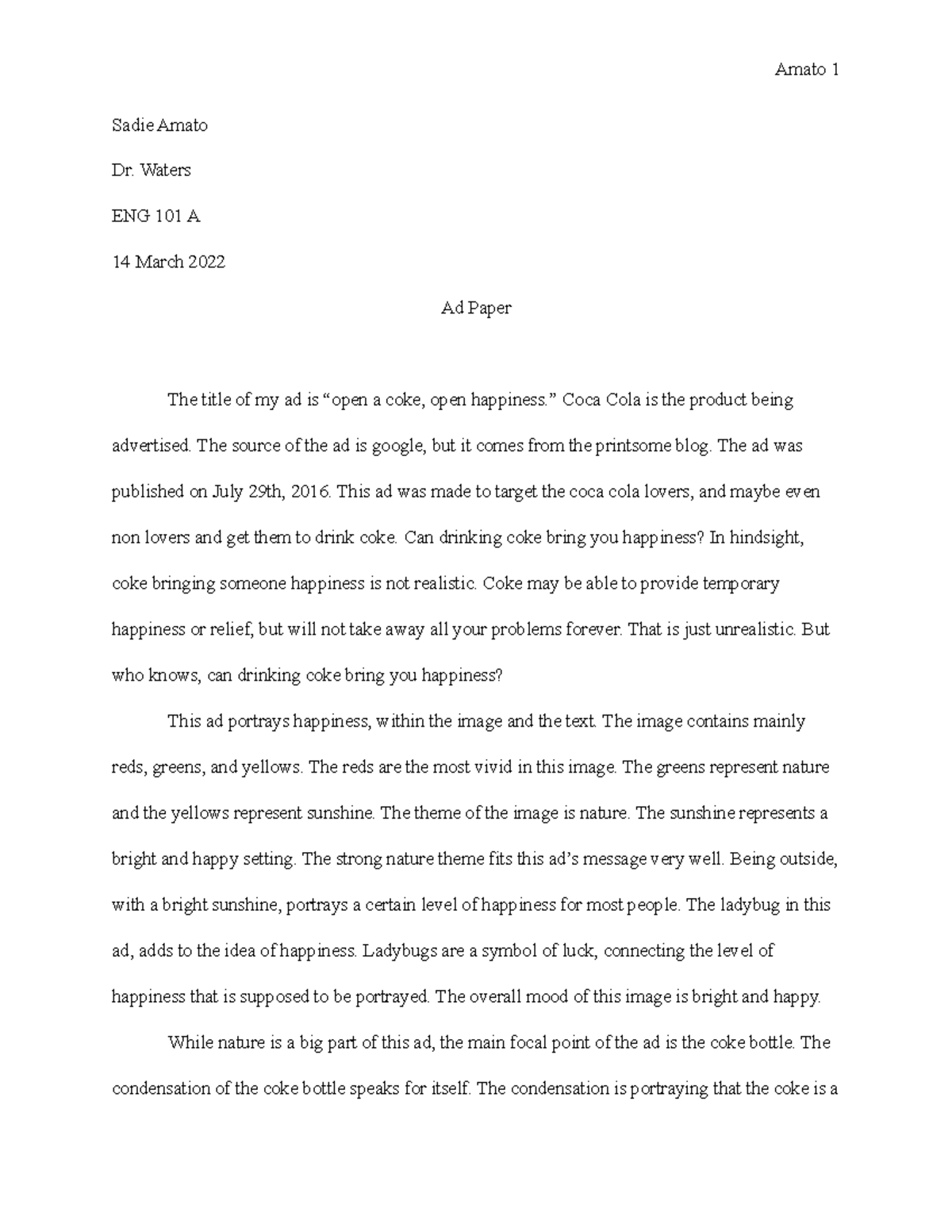 Ad paper pdf - n/a - Amato 1 Sadie Amato Dr. Waters ENG 101 A 14 March ...