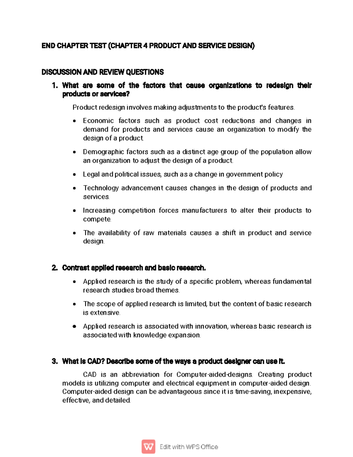 END OF Chapter TEST Chapter 4 Product AND Service Design END CHAPTER
