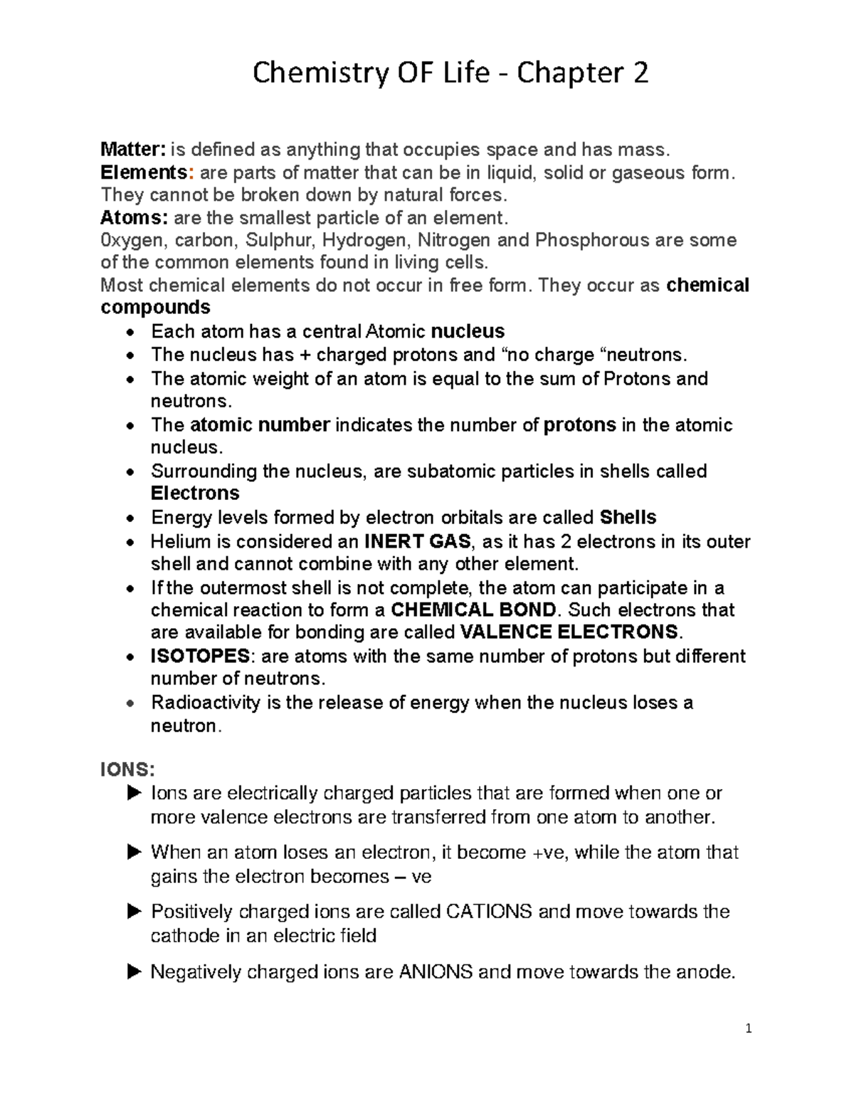 Chemistry Of Life Chapter 2 - Matter: Is Defined As Anything That ...