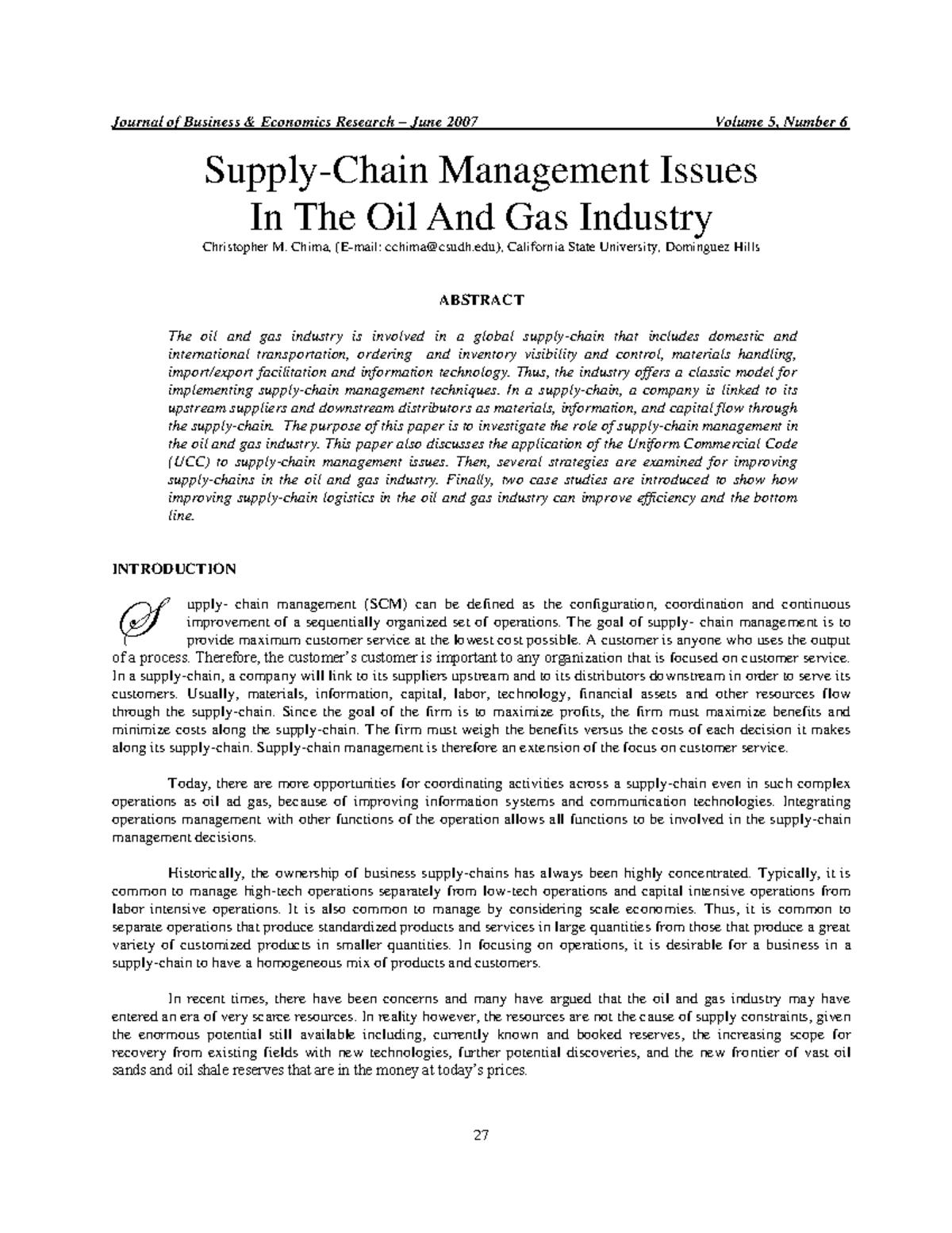SupplyChain Management Issues In The Oil And Gas Industry Supply