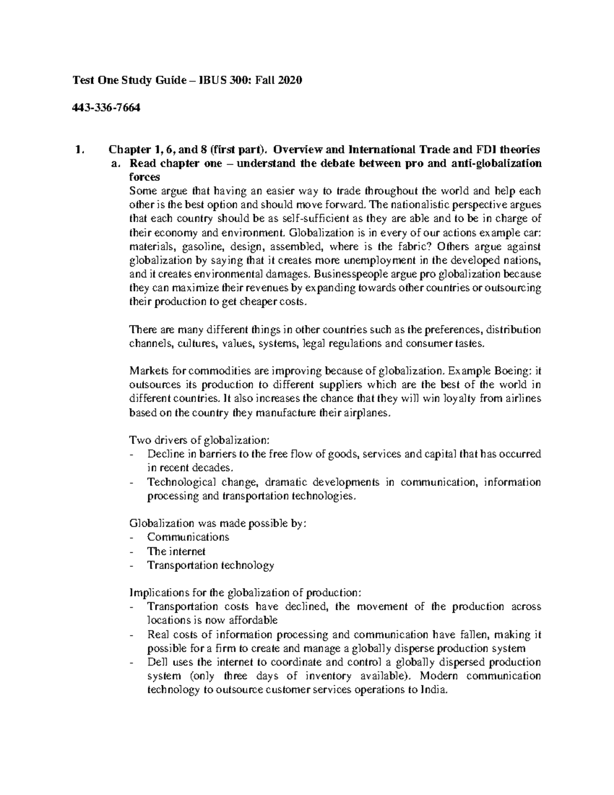Test 1 Guide 2 - Test One Study Guide – IBUS 300: Fall 2020 443-336- 1 ...