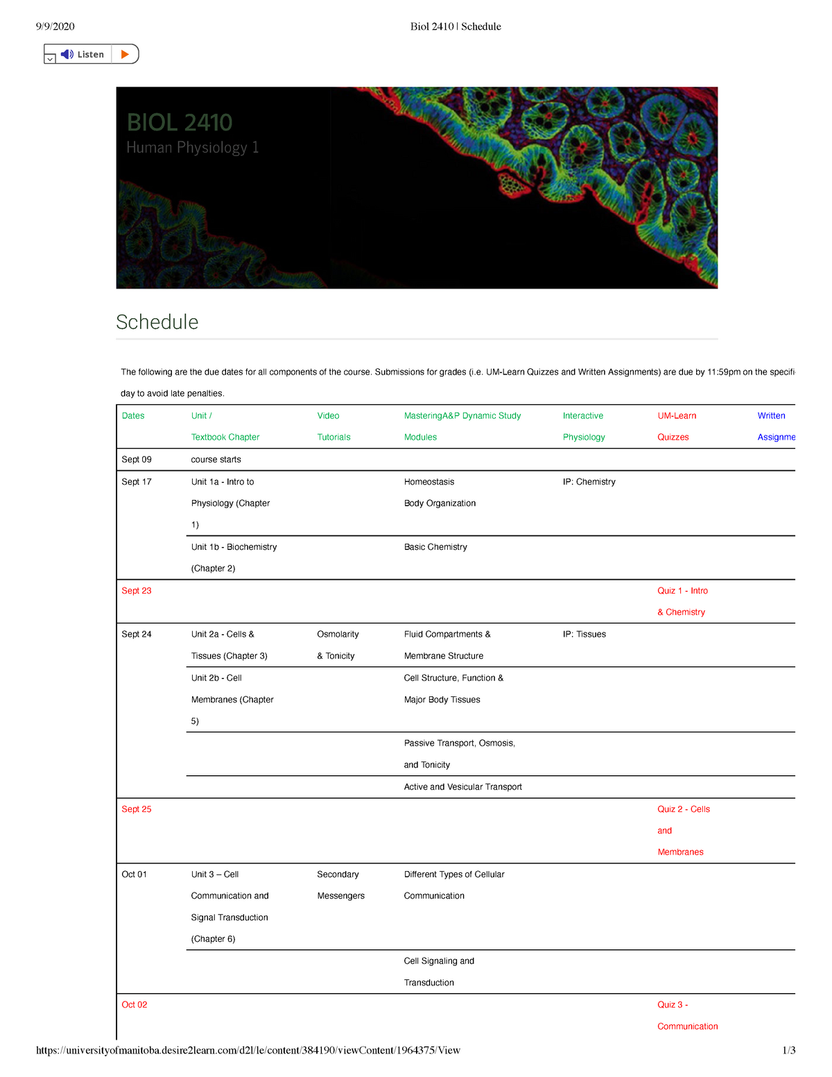 2410 Schedule - 9/9/2020 Biol 2410 | Schedule - Studocu