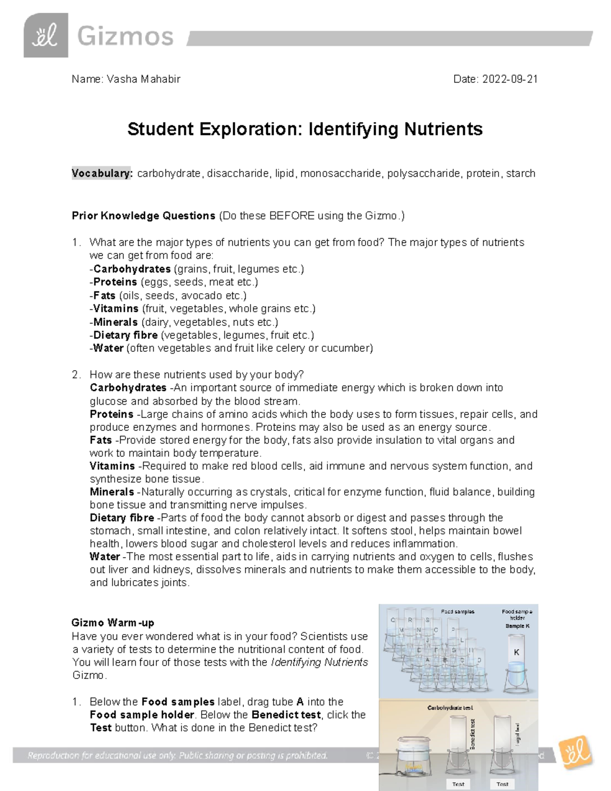 Identifying Nutrients- Gizmo - Name: Vasha Mahabir Date: 2022-09 ...