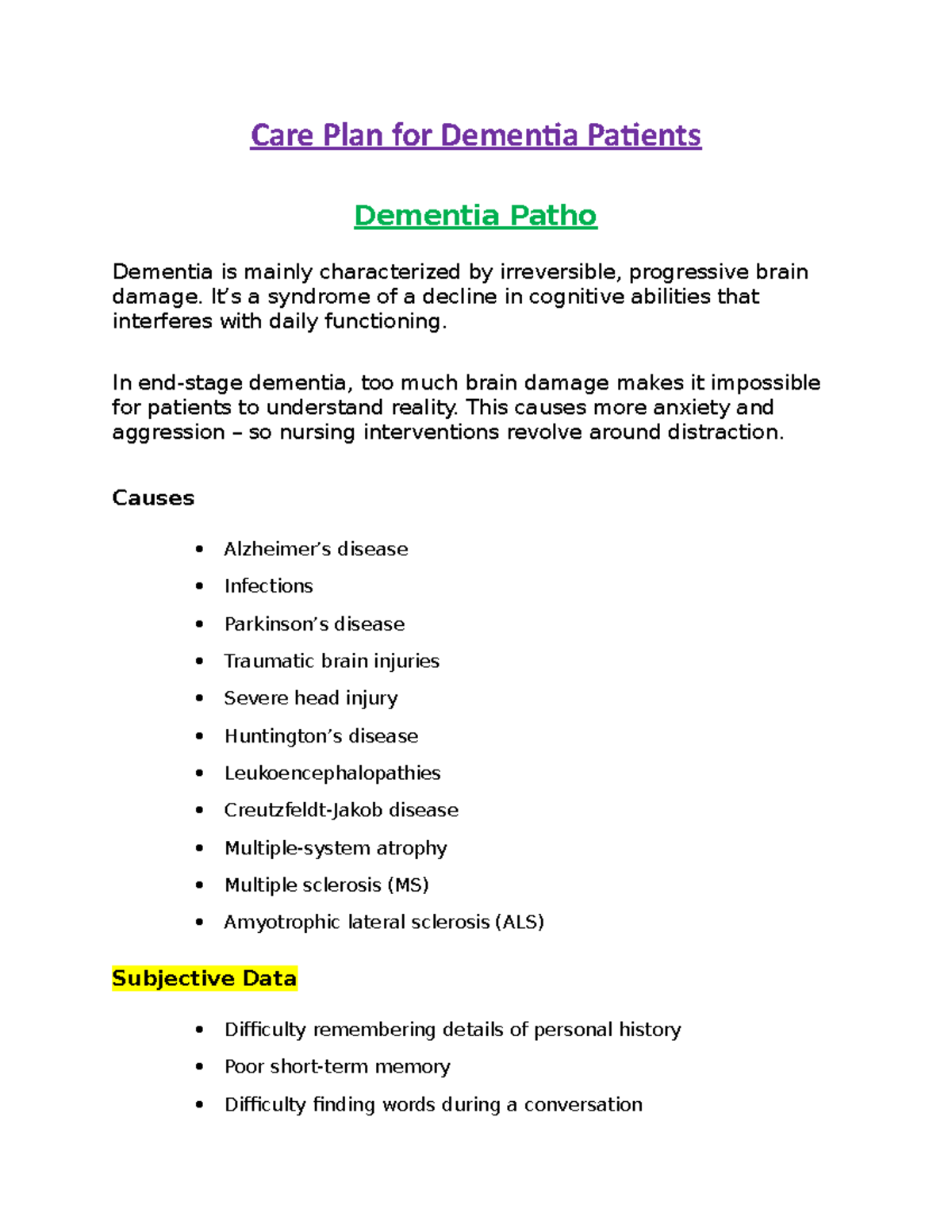 Care Plan For Dementia Patients Care Plan For Dementia Patients Dementia Patho Dementia Is 6310