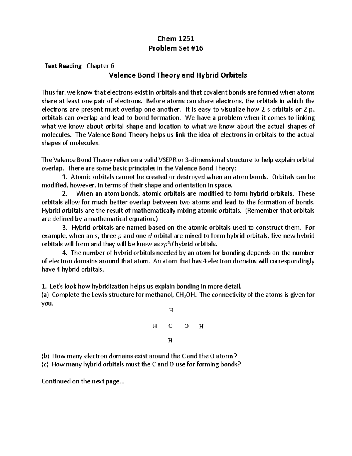 Ps 16 Tro Chapter 6 1 Chem 1251 Problem Set Text Reading Chapter 6 Valence Bond Theory And 8183