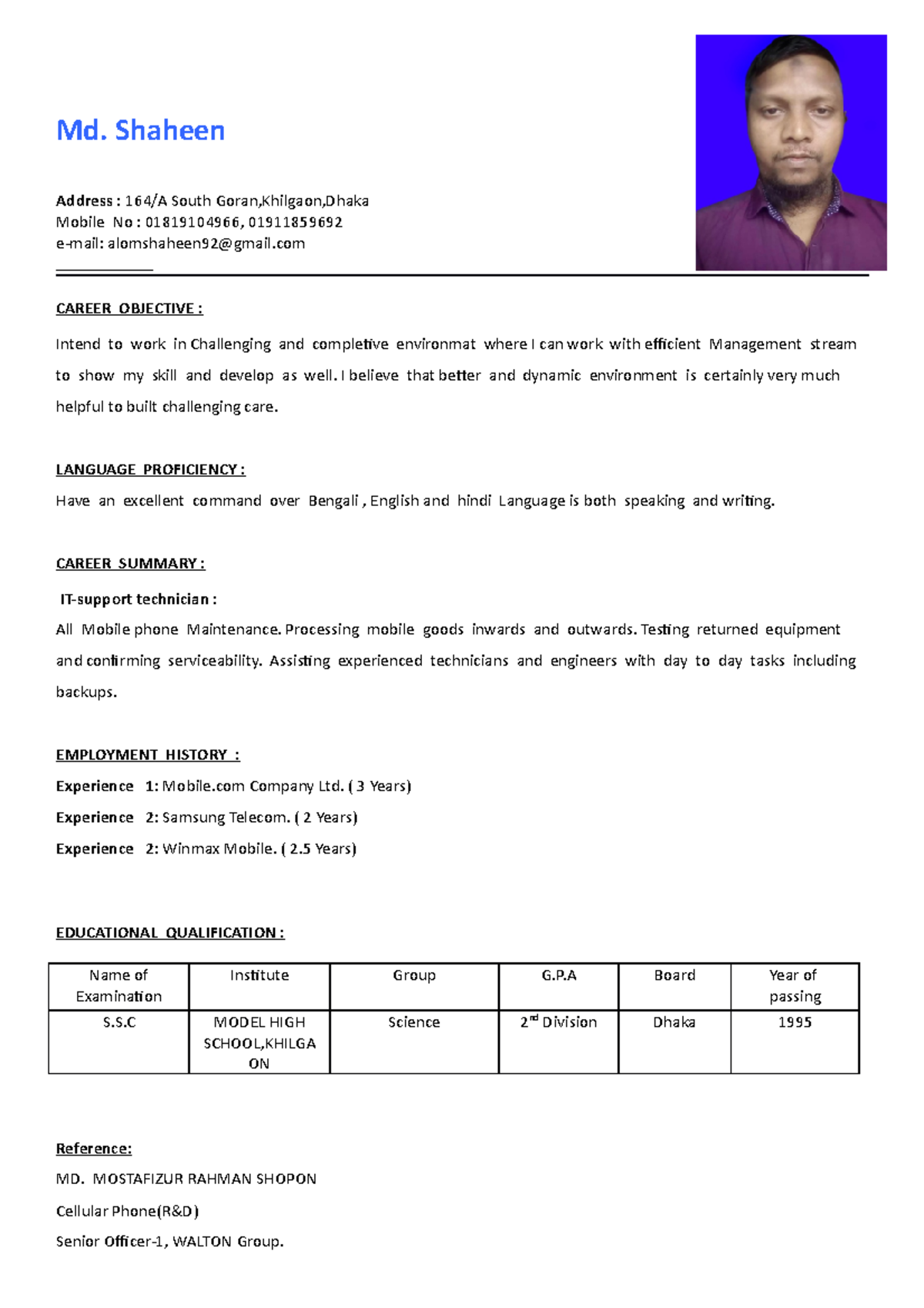 CV Shaheen - Case - Md. Shaheen Address : 164/A South Goran,Khilgaon ...