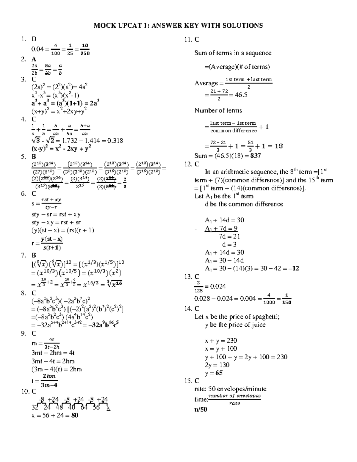 Mock Upcat Answer Key - Mock Upcat 1: Answer Key With Solutions 1. D 0 