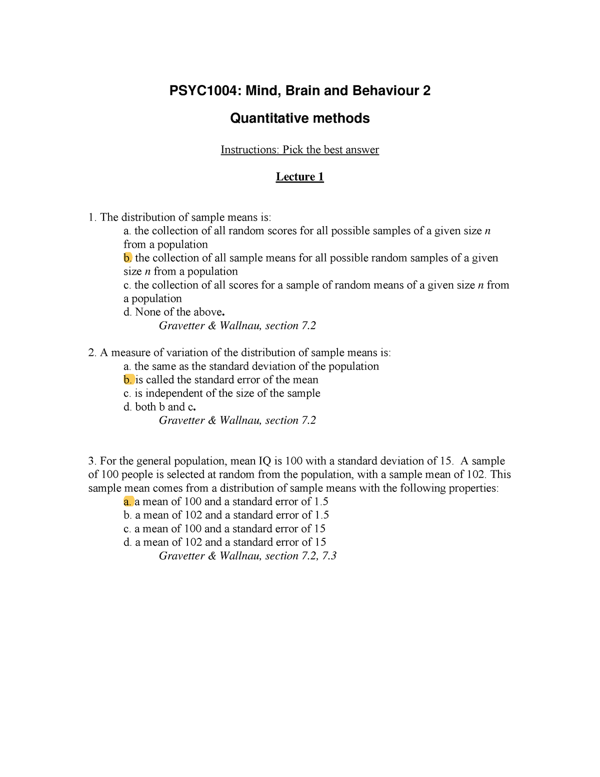 Multiple Choice Questions For Research Methods - PSYC1004: Mind, Brain ...