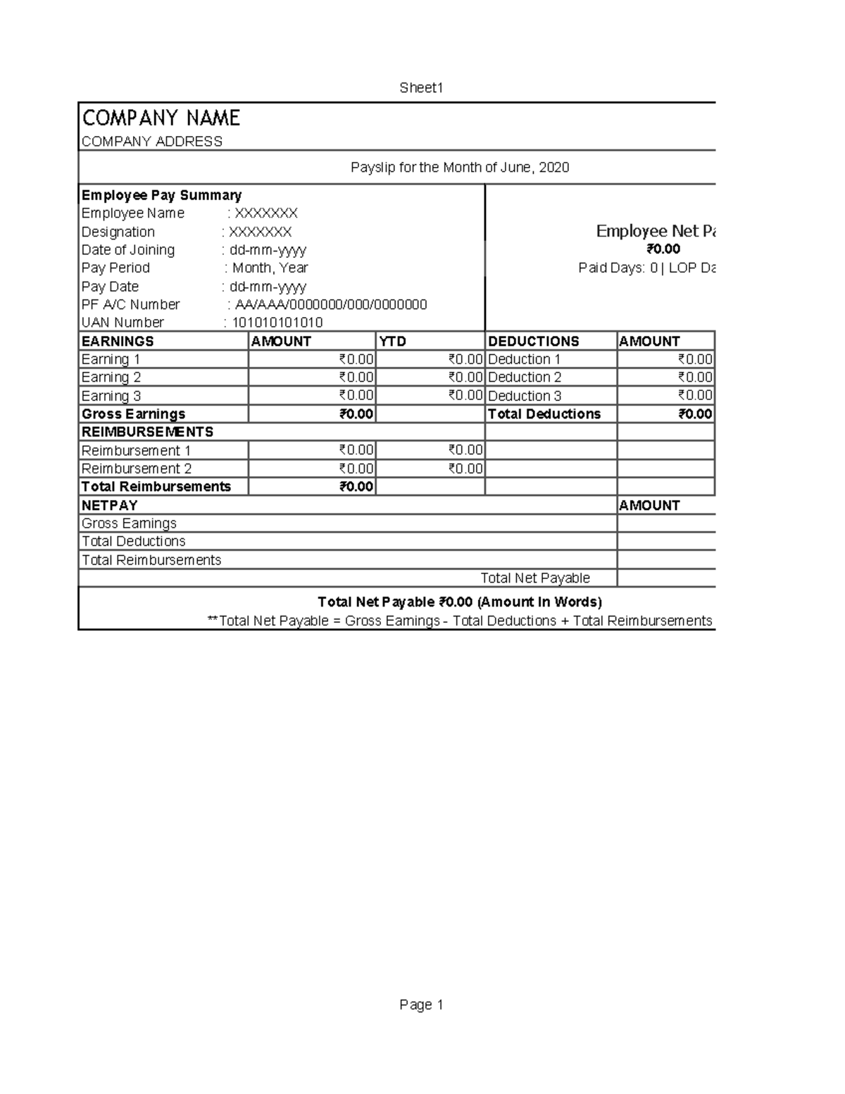 Excel payslip template Sheet EARNINGS AMOUNT YTD DEDUCTIONS AMOUNT