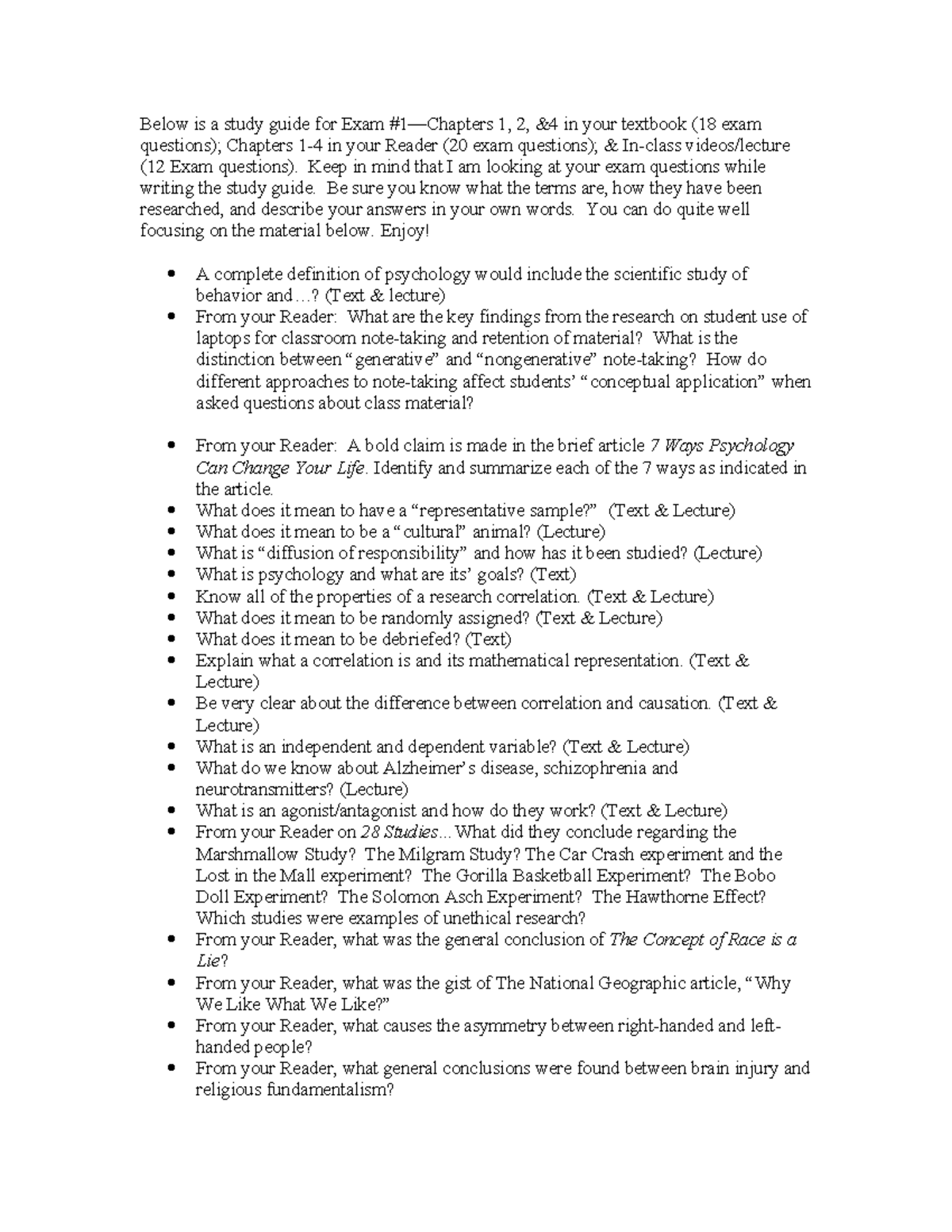 Study guide exam 1 - assignment description - Below is a study guide ...