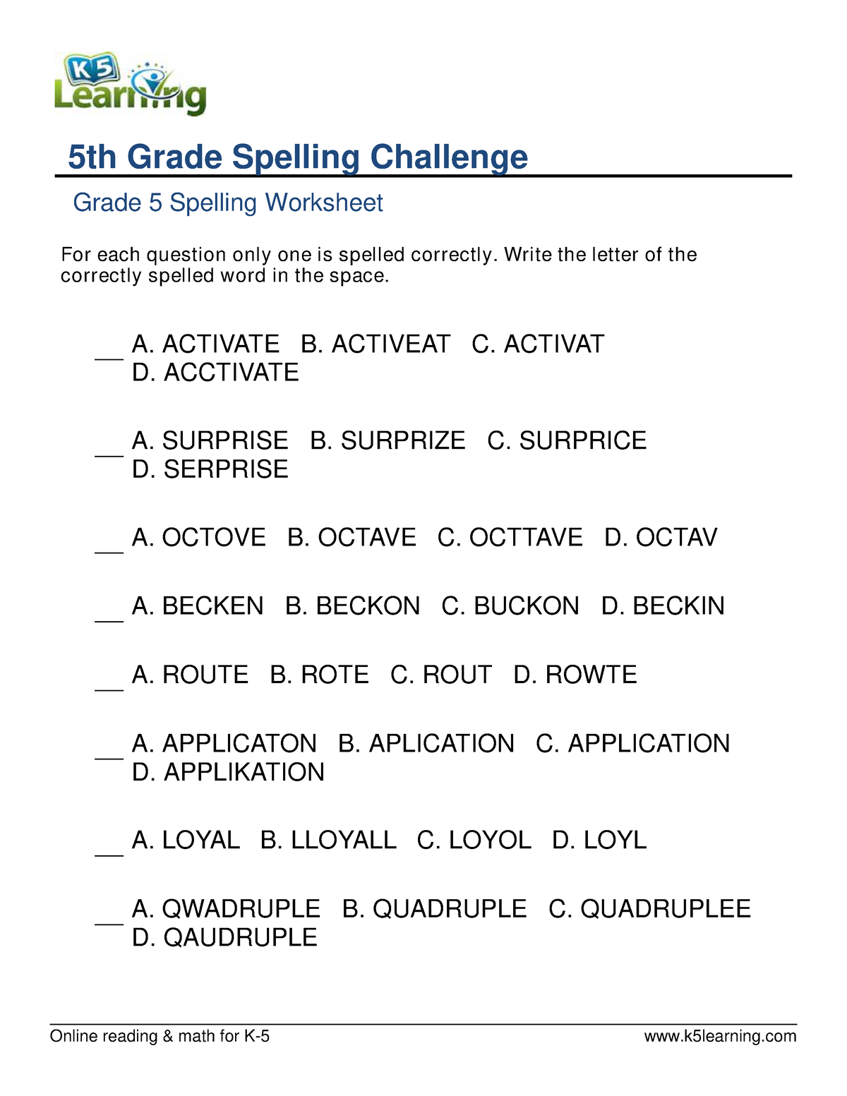 Grade 5 spelling challenge 3 Online reading & math for K5 k5learning