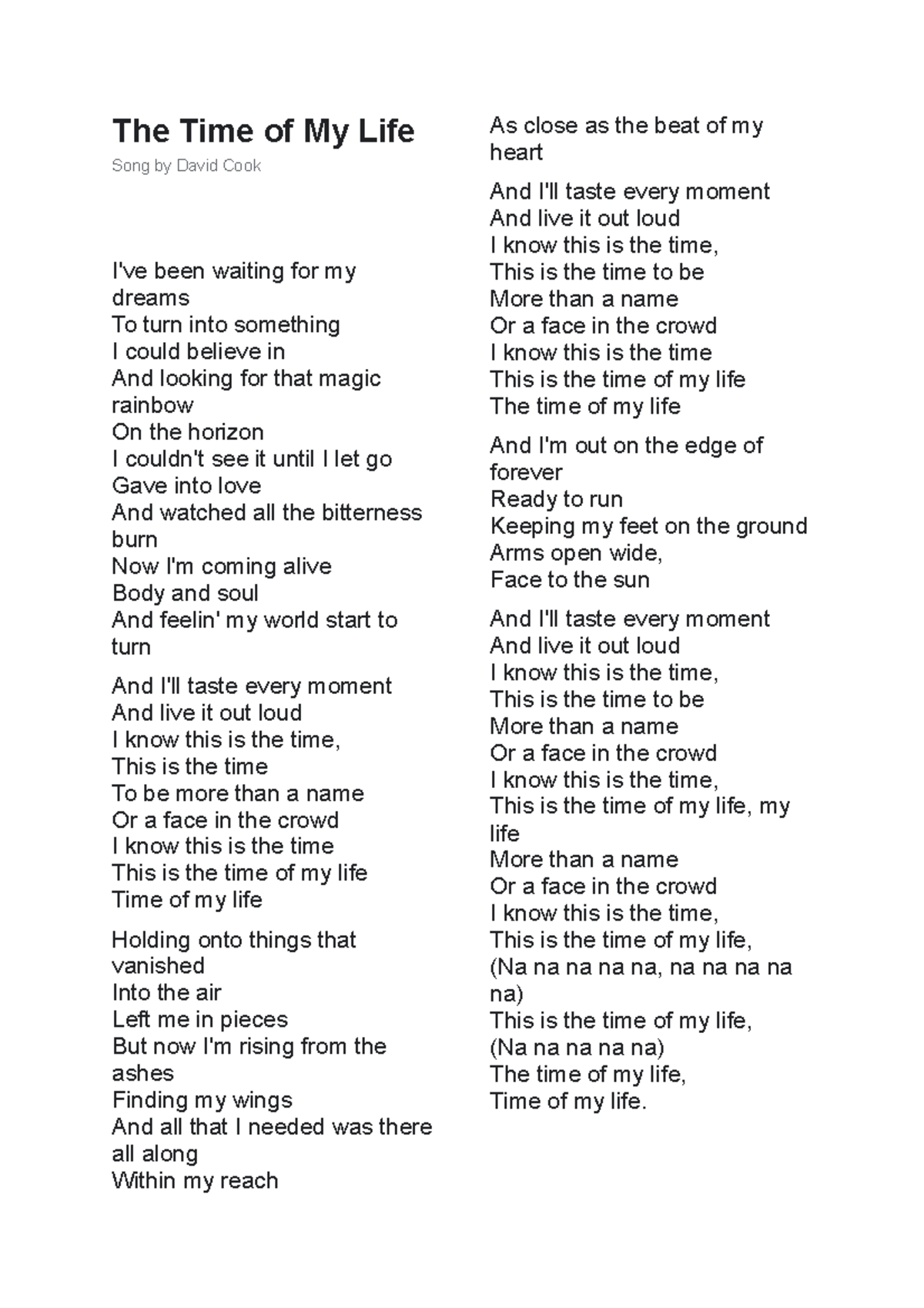 AWIT all songs The Time of My Life Song by David Cook I've been