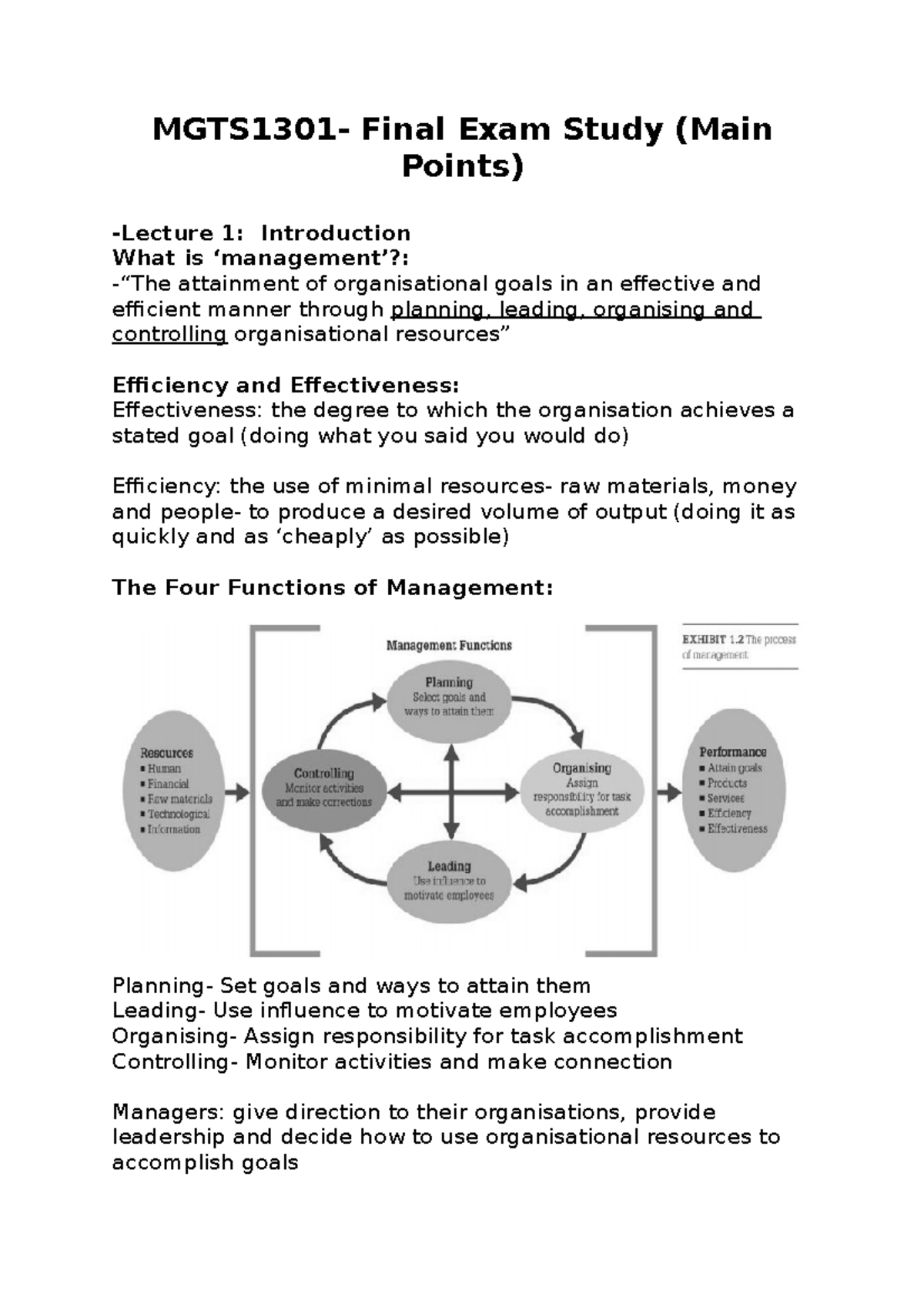 MGTS1301- study - Lecture notes 1-12 - MGTS1301- Final Exam Study (Main ...