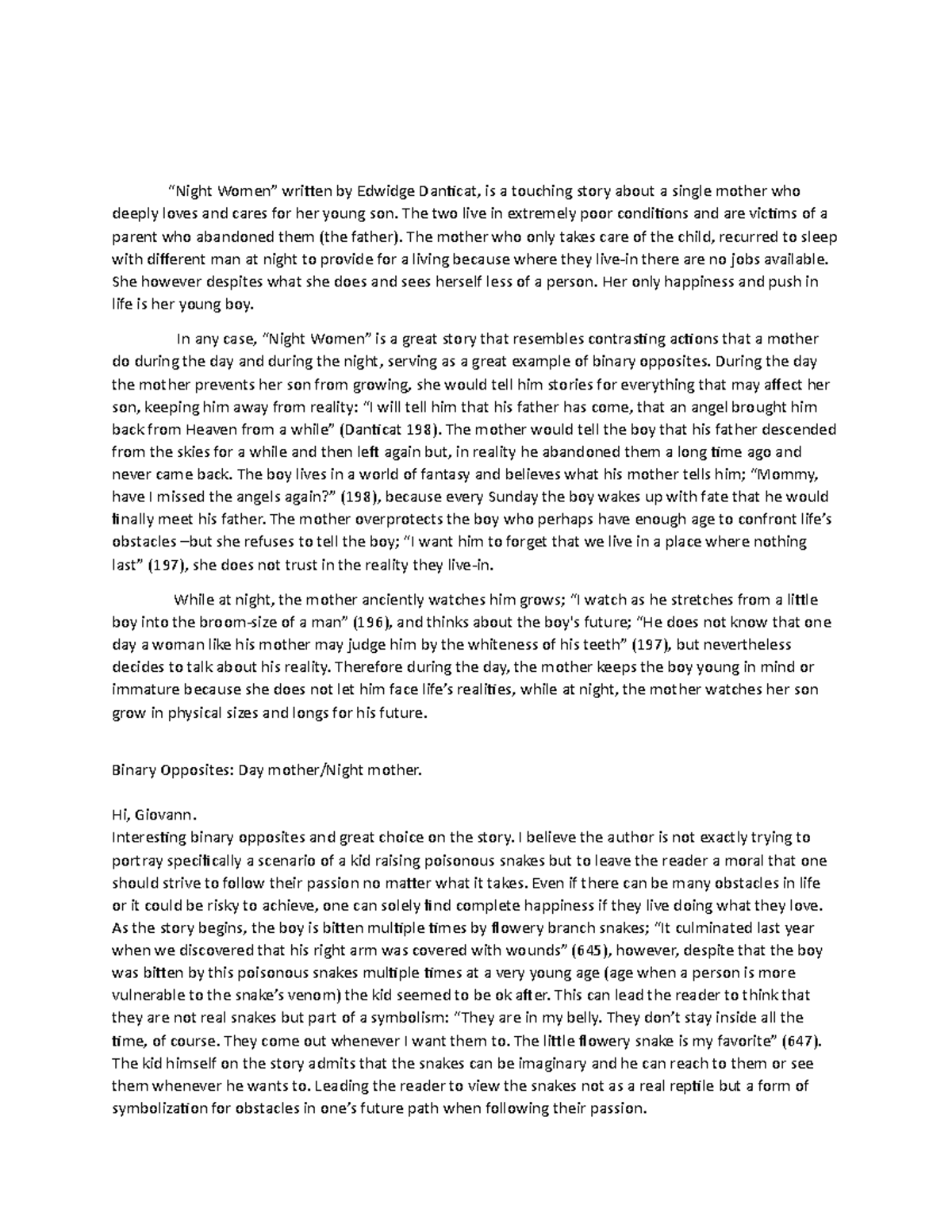 Night Women - Essay from short story - “Night Women” written by Edwidge ...