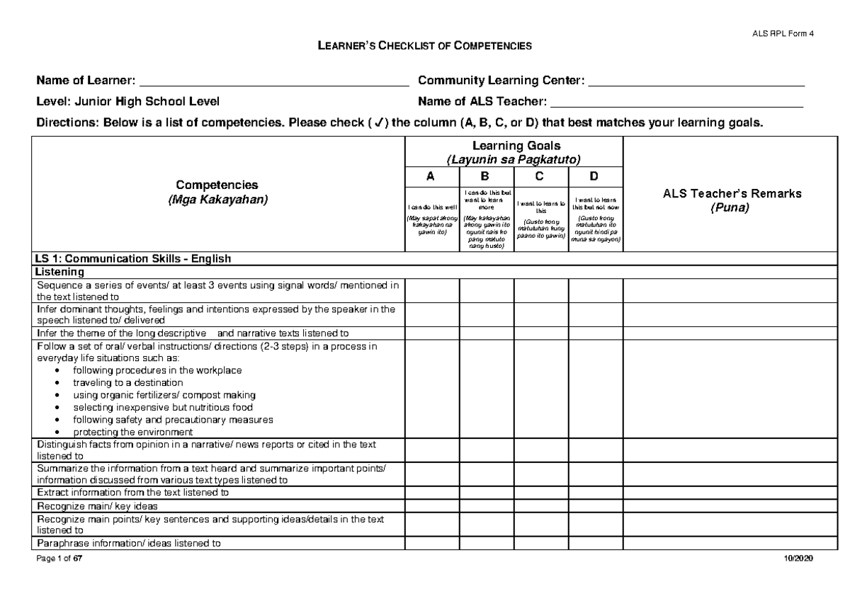 RPL Form 4 JHS Learners Checklist of Competencies - LEARNER’S CHECKLIST ...