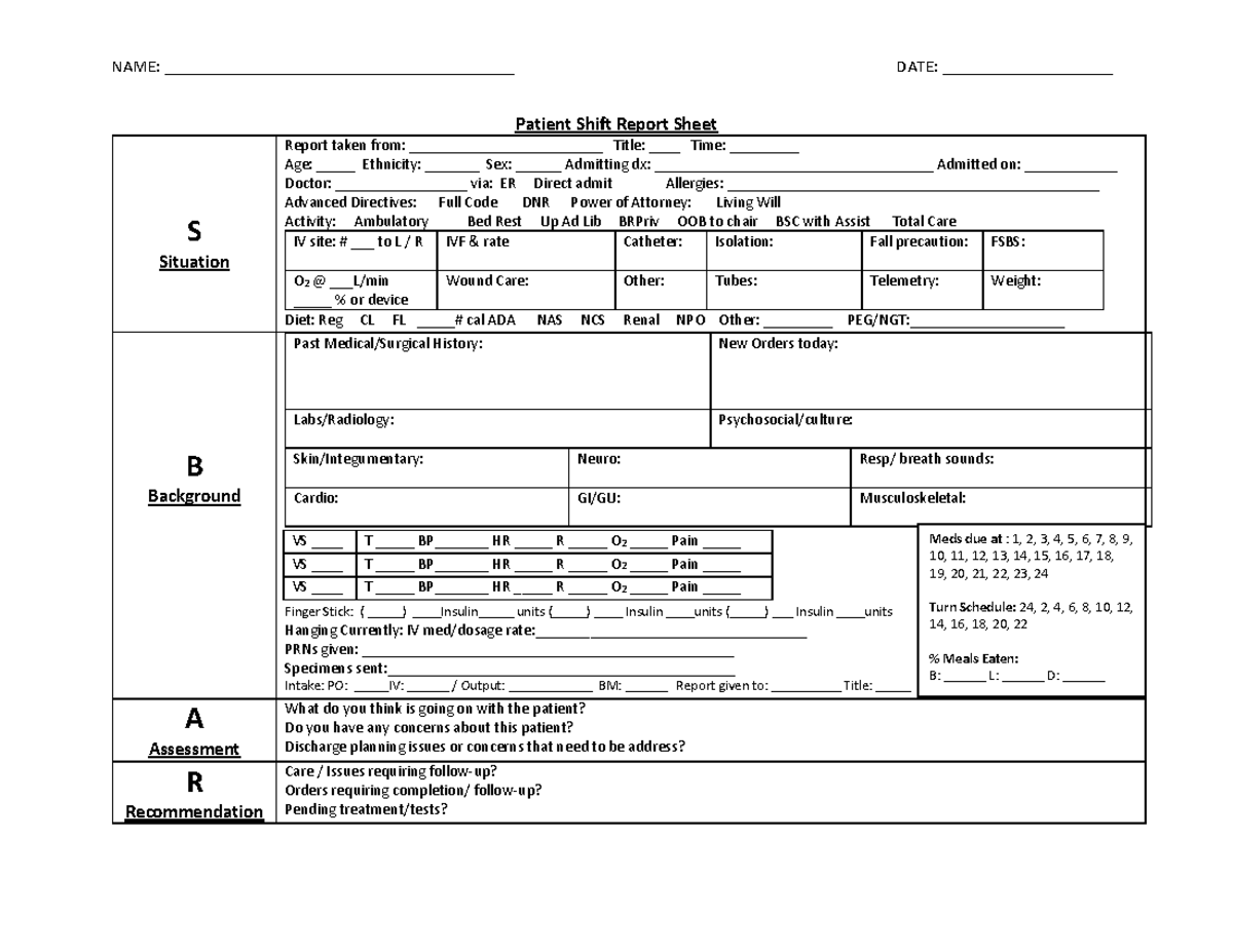 SBAR Patient Shift Report Sheet - NAME ...