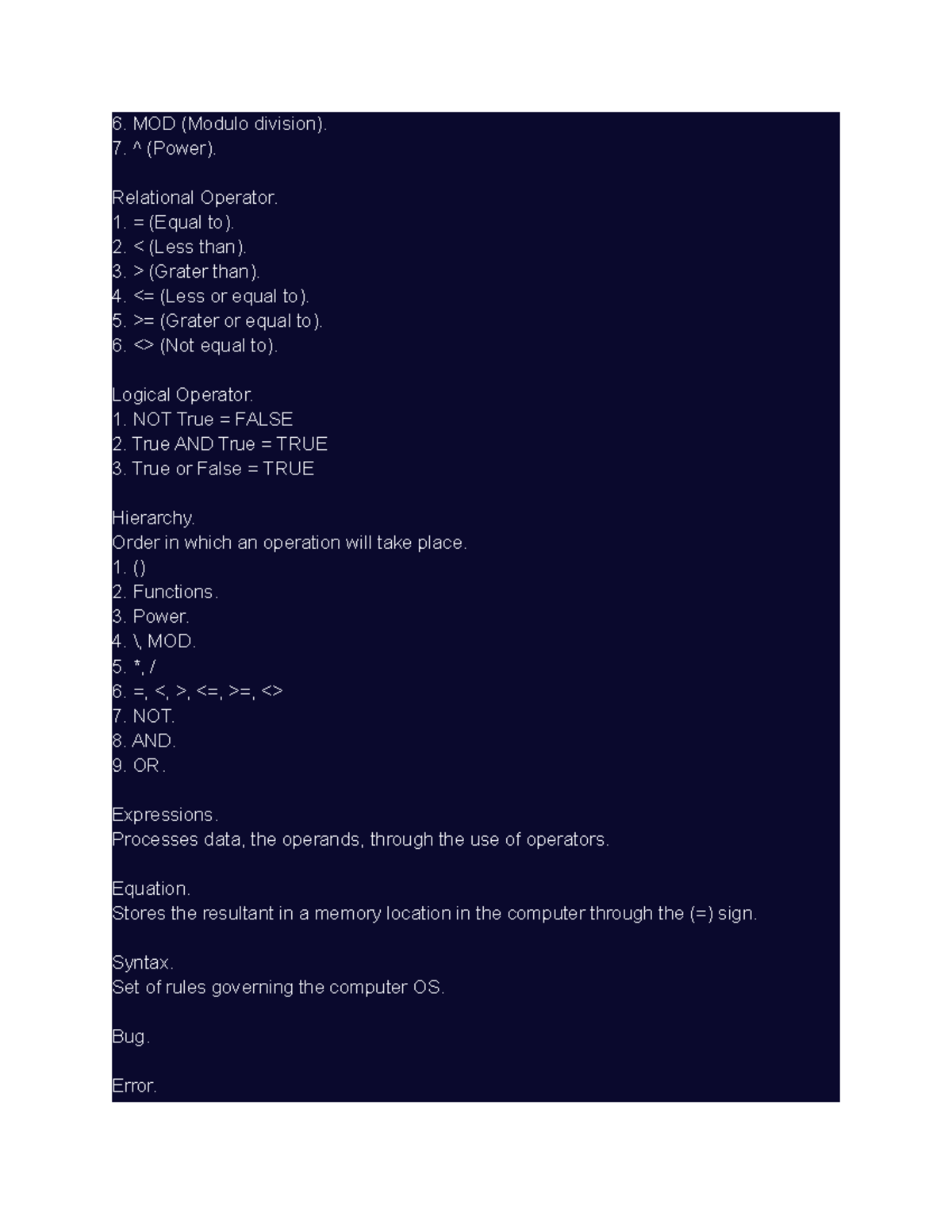 Eng 5 - Study Material - MOD (Modulo division). ^ (Power). Relational ...