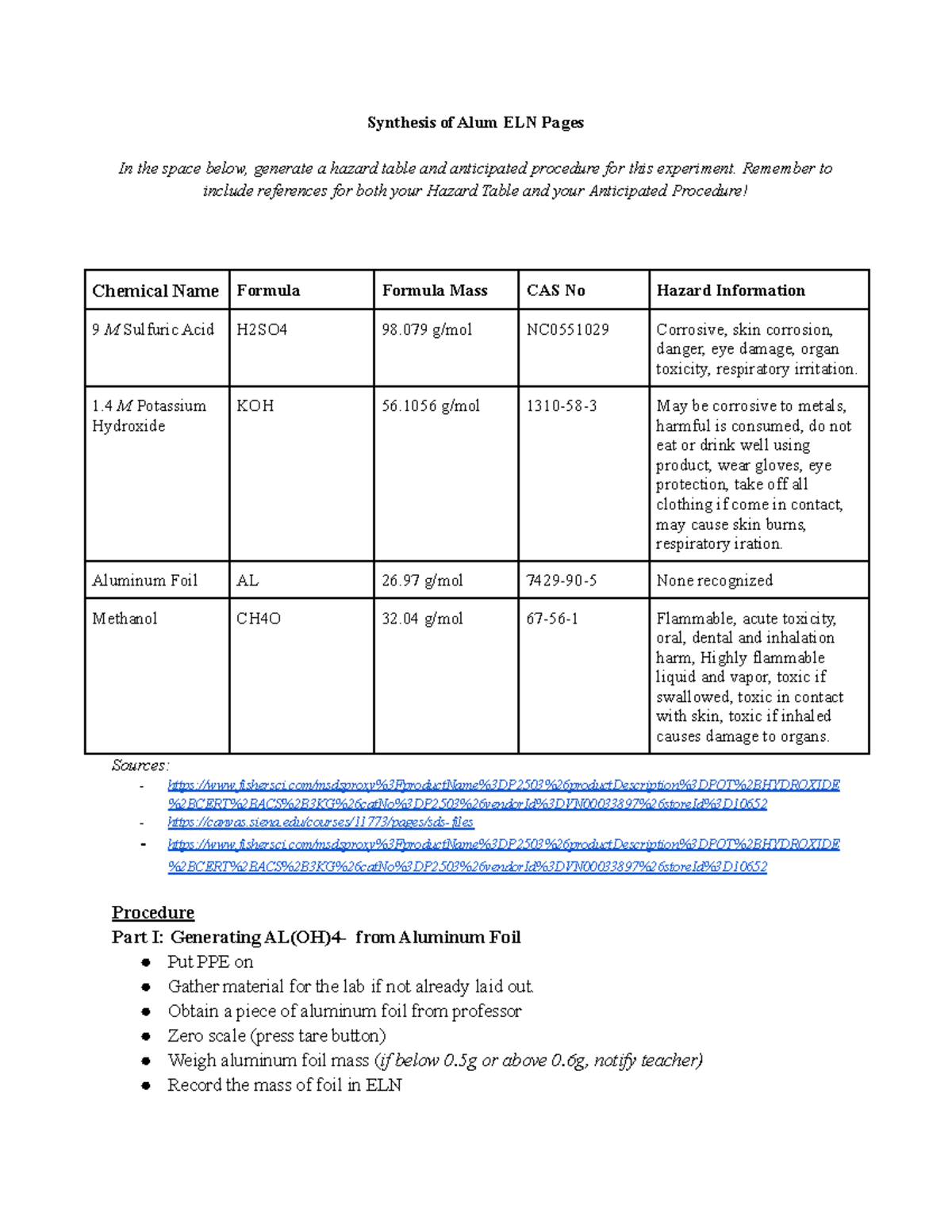 Synthesis of Alum ELN Pages - Remember to include references for both ...